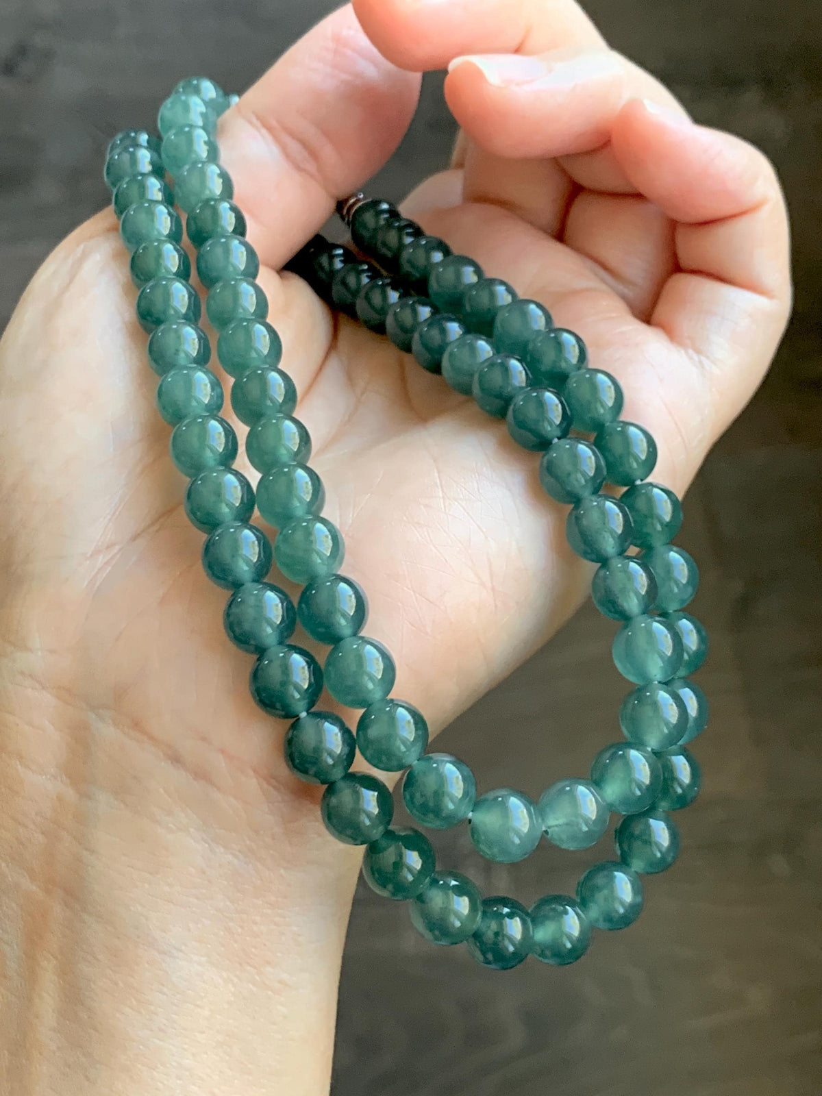Certified Natural Grade A Guatemalan Icy Highly Translucent Dark Teal Green Jade Jadeite Beaded Necklace 7.6mm 22.75” 61g 天然冰胶危蓝绿翡翠圆珠项链 958