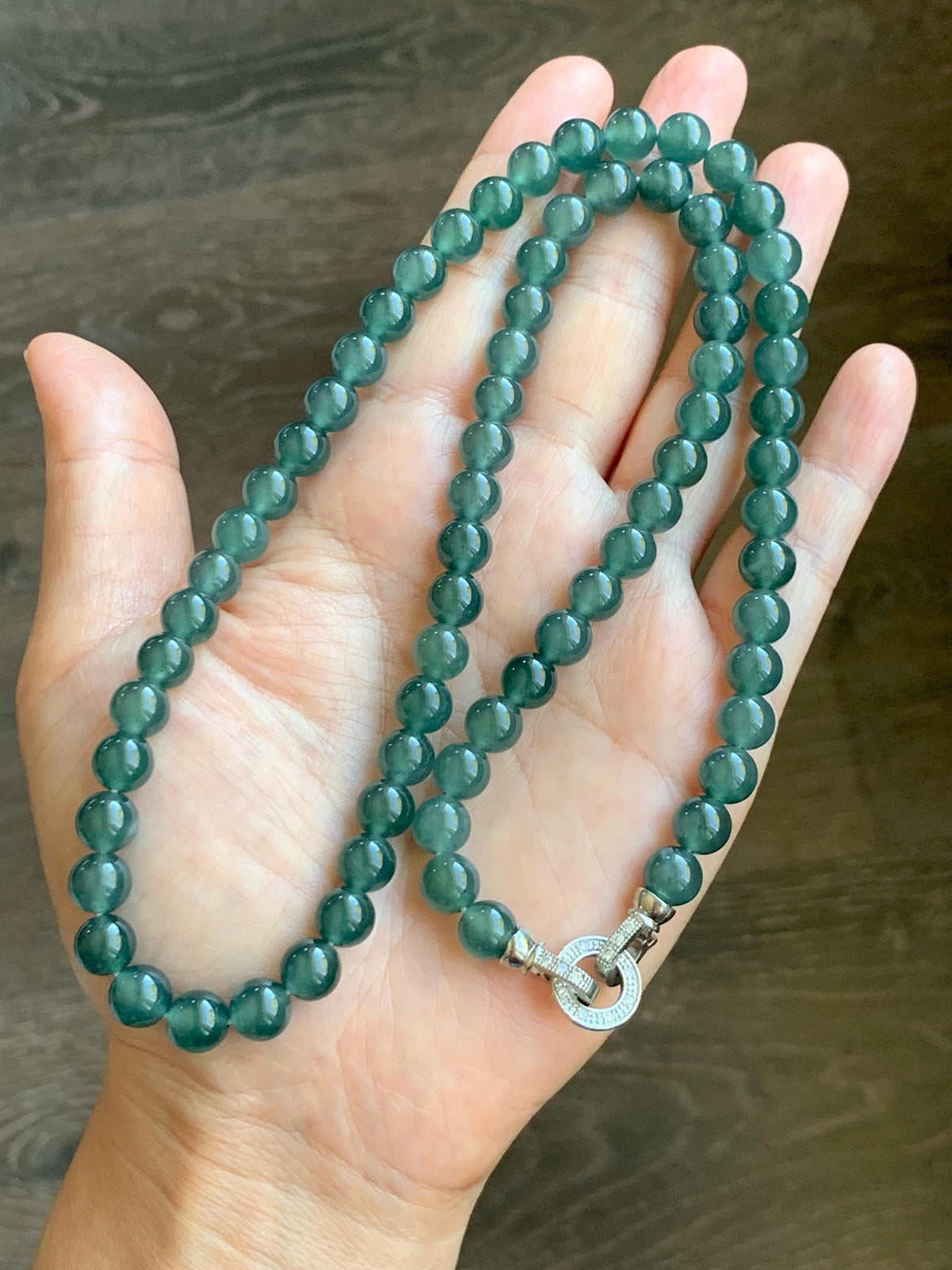 Certified Natural Grade A Guatemalan Icy Highly Translucent Dark Teal Green Jade Jadeite Beaded Necklace 7.6mm 22.75” 61g 天然冰胶危蓝绿翡翠圆珠项链 958