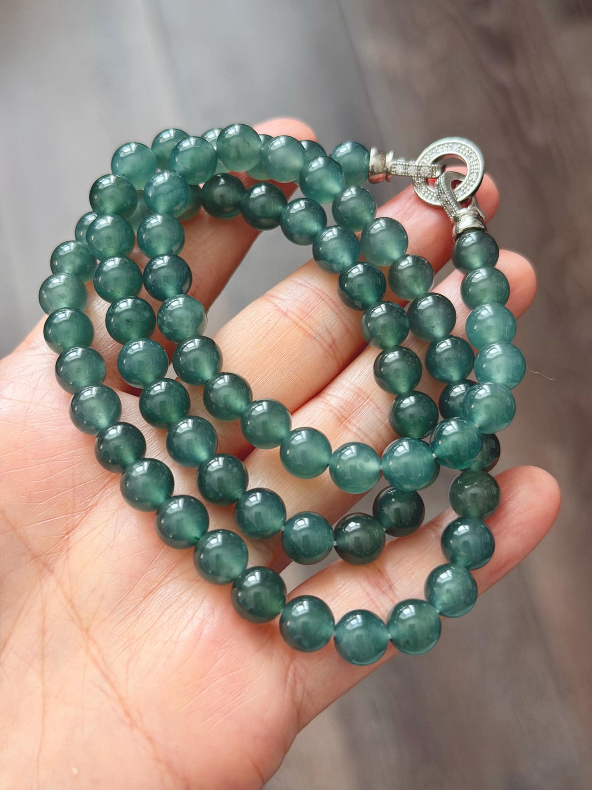 Certified Natural Grade A Guatemalan Icy Highly Translucent Dark Teal Green Jade Jadeite Beaded Necklace 7.6mm 22.75” 61g 天然冰胶危蓝绿翡翠圆珠项链 958