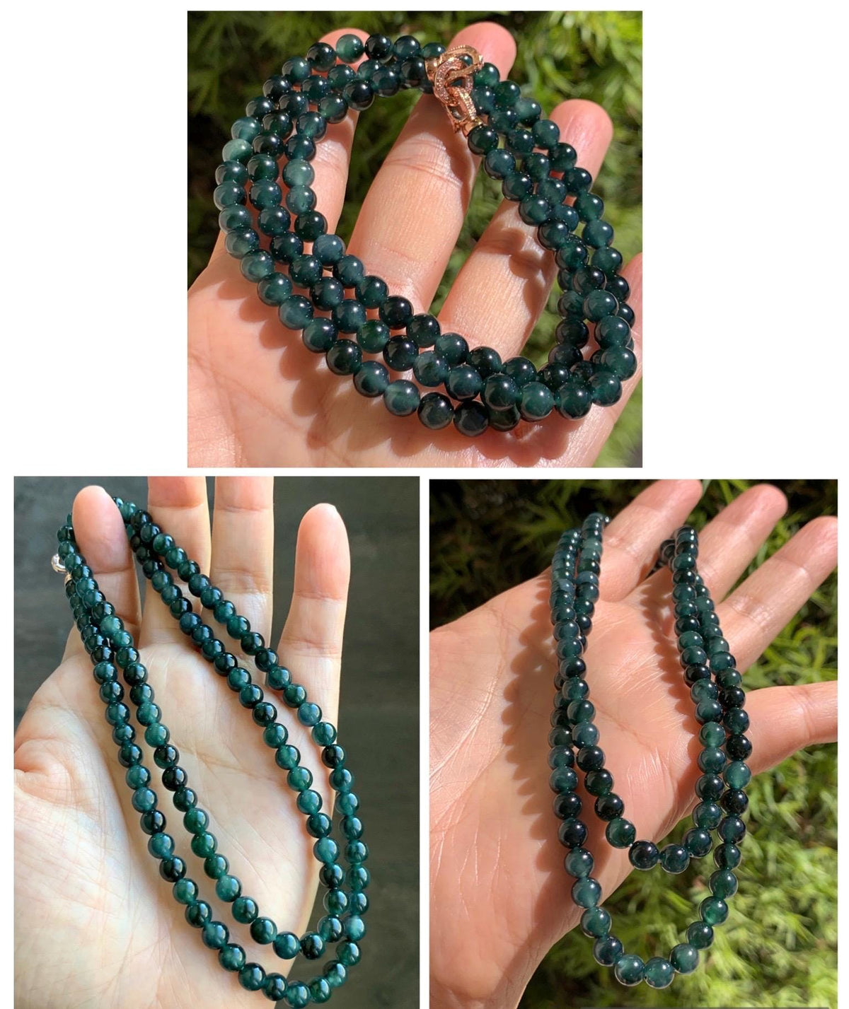 Natural Grade A Guatemalan Icy Translucent Dark Teal Green Marbled Jade Jadeite Beaded Necklace 5.9mm 23.75” 38g 天然冰胶危深蓝飘花翡翠圆珠项链 WSP220