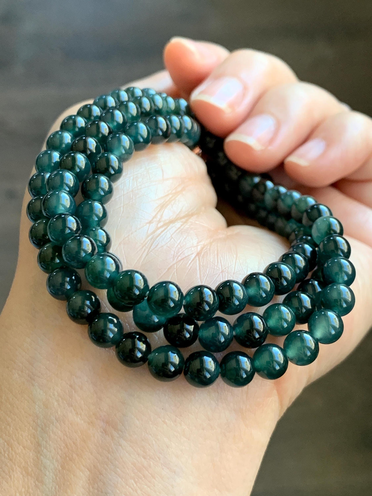 Natural Grade A Guatemalan Icy Translucent Dark Teal Green Marbled Jade Jadeite Beaded Necklace 5.9mm 23.75” 38g 天然冰胶危深蓝飘花翡翠圆珠项链 WSP220