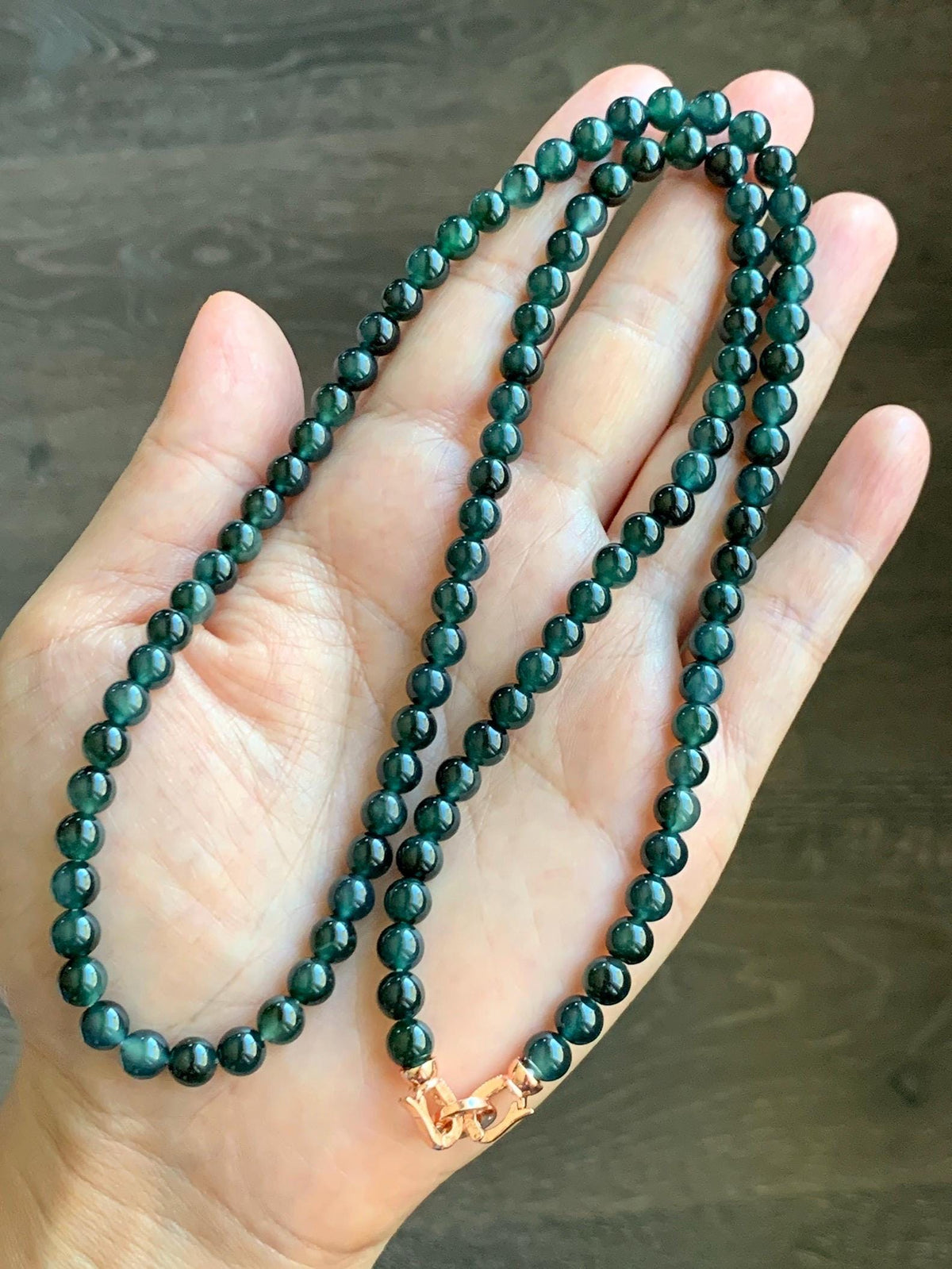 Natural Grade A Guatemalan Icy Translucent Dark Teal Green Marbled Jade Jadeite Beaded Necklace 5.9mm 23.75” 38g 天然冰胶危深蓝飘花翡翠圆珠项链 WSP220