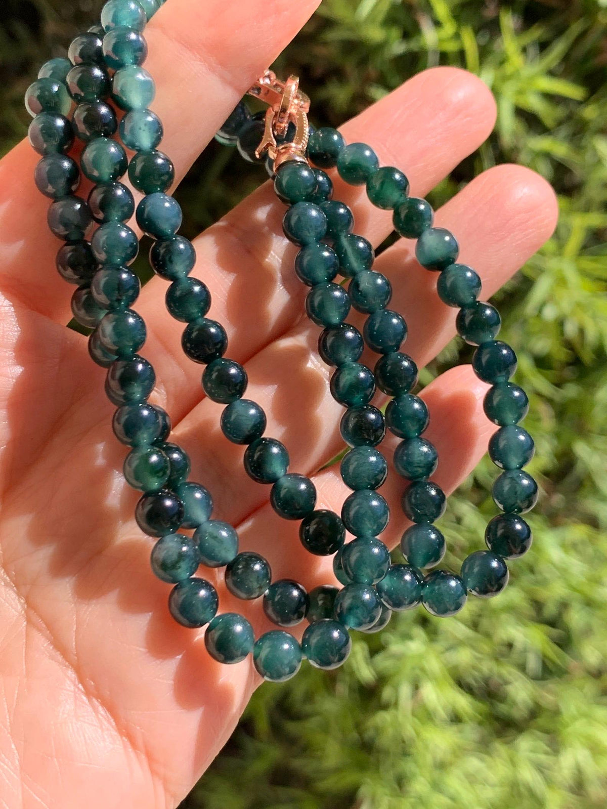 Natural Grade A Guatemalan Icy Translucent Dark Teal Green Marbled Jade Jadeite Beaded Necklace 5.9mm 23.75” 38g 天然冰胶危深蓝飘花翡翠圆珠项链 WSP220