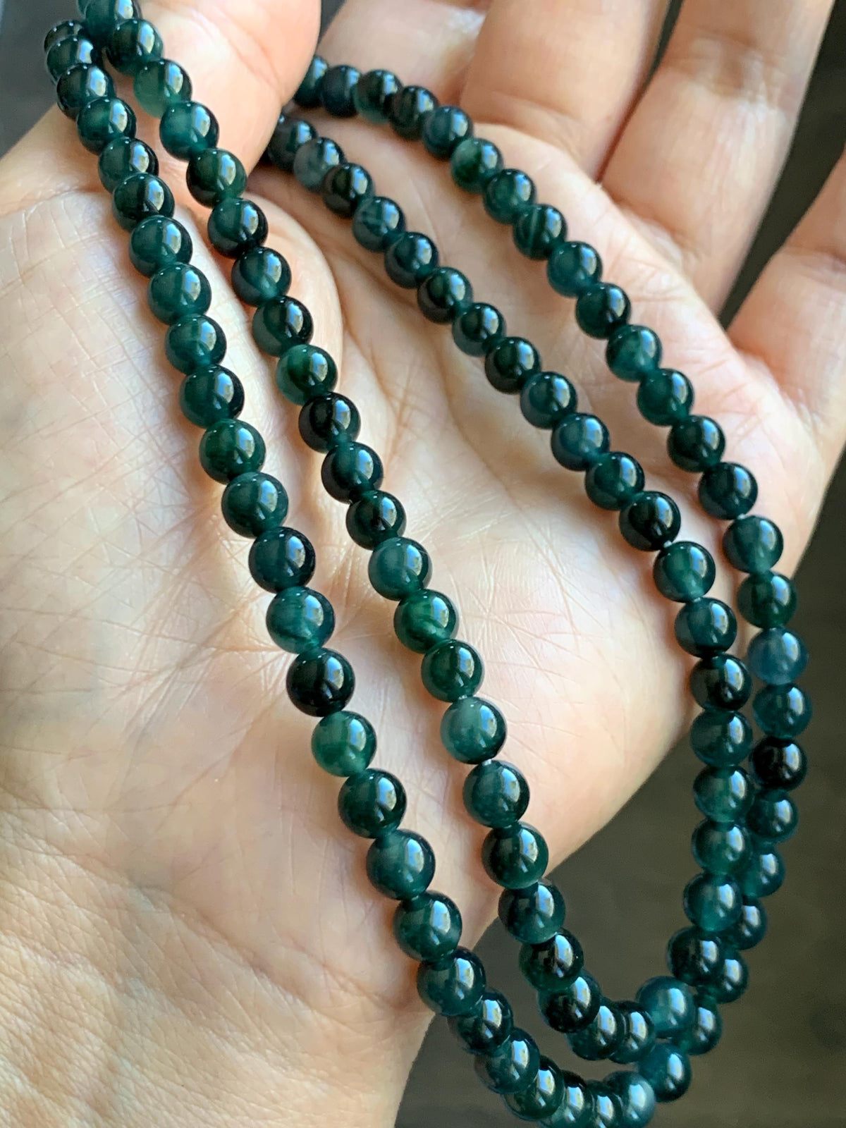 Natural Grade A Guatemalan Icy Translucent Dark Teal Green Marbled Jade Jadeite Beaded Necklace 5.9mm 23.75” 38g 天然冰胶危深蓝飘花翡翠圆珠项链 WSP220