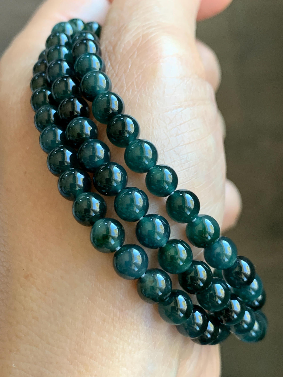 Natural Grade A Guatemalan Icy Translucent Dark Teal Green Marbled Jade Jadeite Beaded Necklace 5.9mm 23.75” 38g 天然冰胶危深蓝飘花翡翠圆珠项链 WSP220