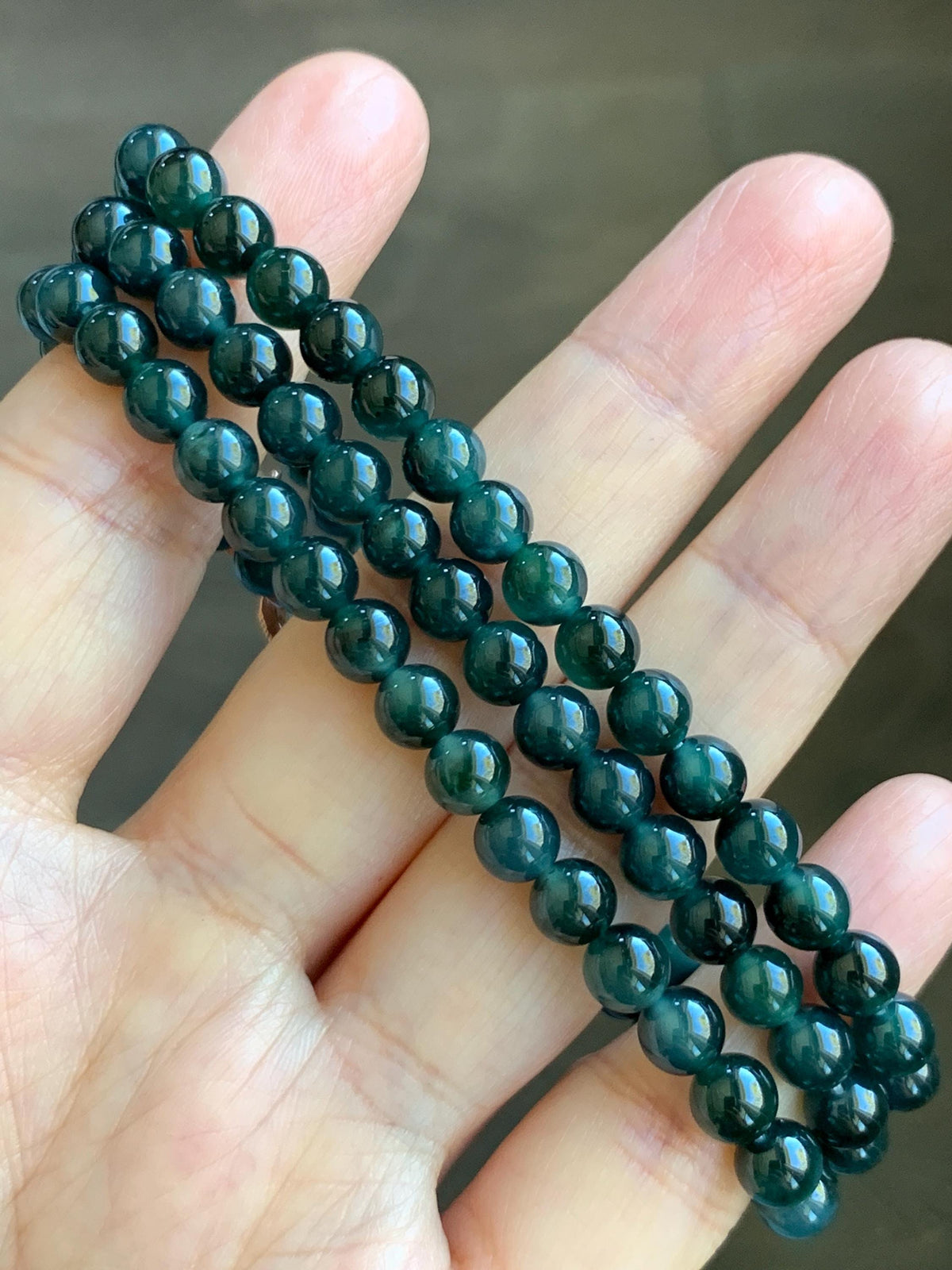 Natural Grade A Guatemalan Icy Translucent Dark Teal Green Marbled Jade Jadeite Beaded Necklace 5.9mm 23.75” 38g 天然冰胶危深蓝飘花翡翠圆珠项链 WSP220