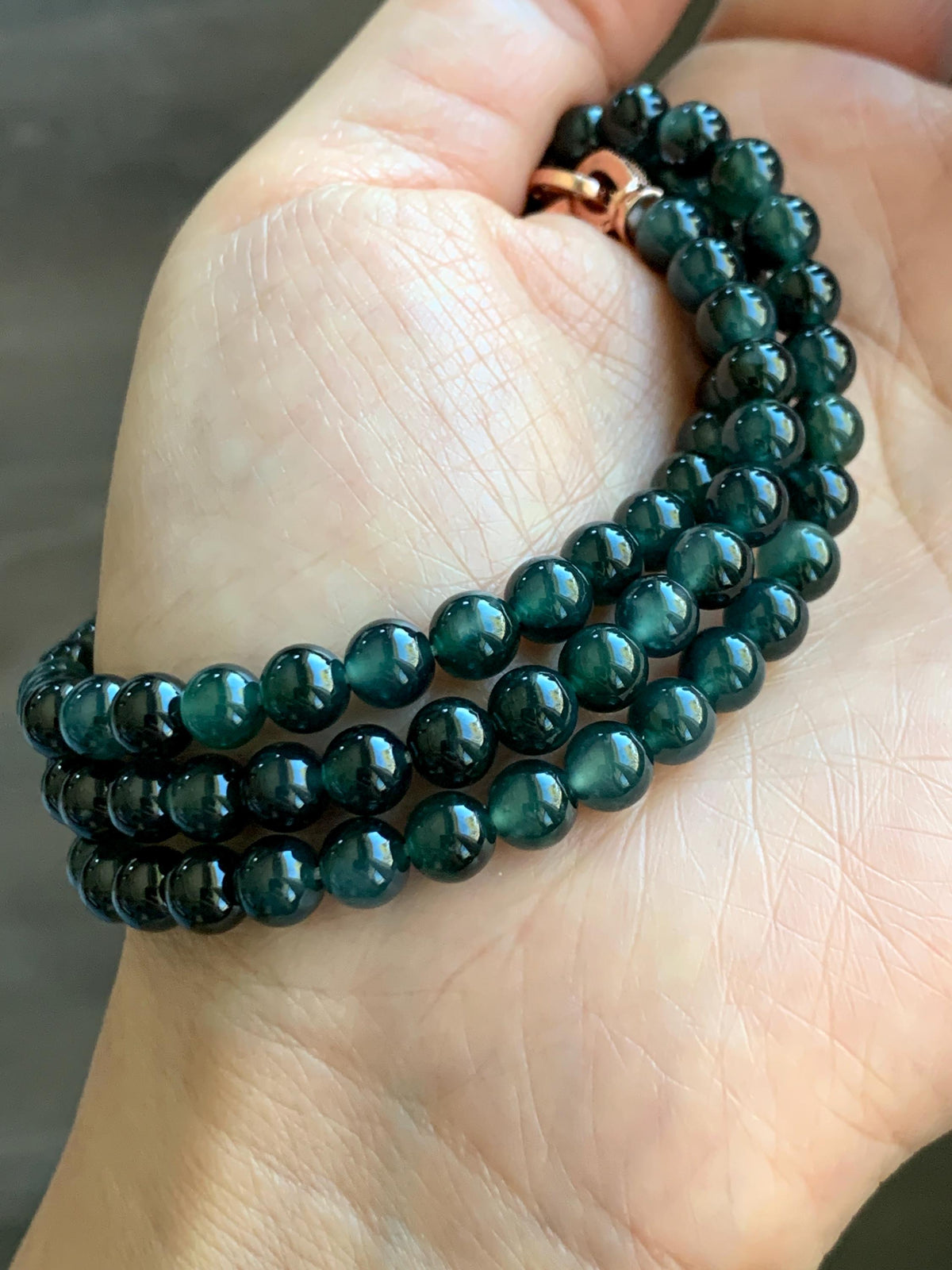 Natural Grade A Guatemalan Icy Translucent Dark Teal Green Marbled Jade Jadeite Beaded Necklace 5.9mm 23.75” 38g 天然冰胶危深蓝飘花翡翠圆珠项链 WSP220
