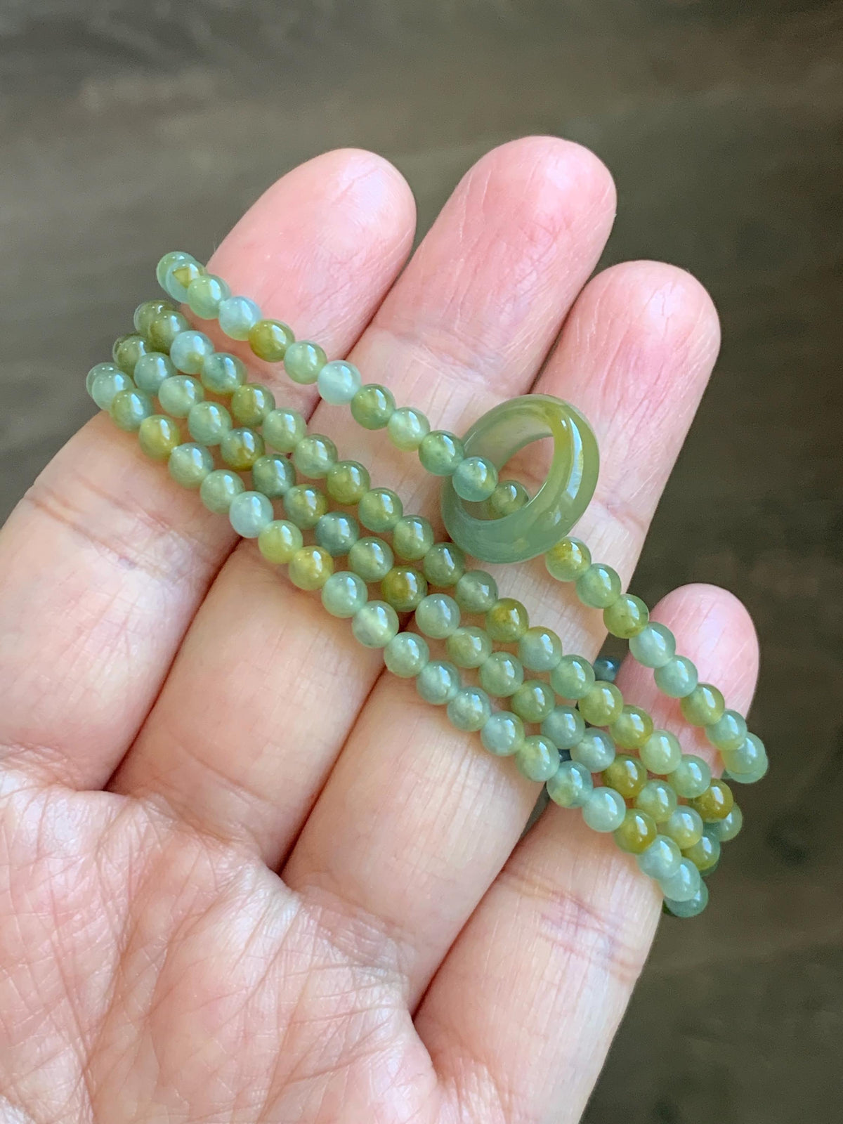 Grade A Natural Guatemalan Icy Pastel Blue Yellow Marbled Jade Jadeite Petite Beaded Necklace & Ring Pendant 3.8mm 24” 天然冰危黄翡翠圆珠跑环项链 WHL327