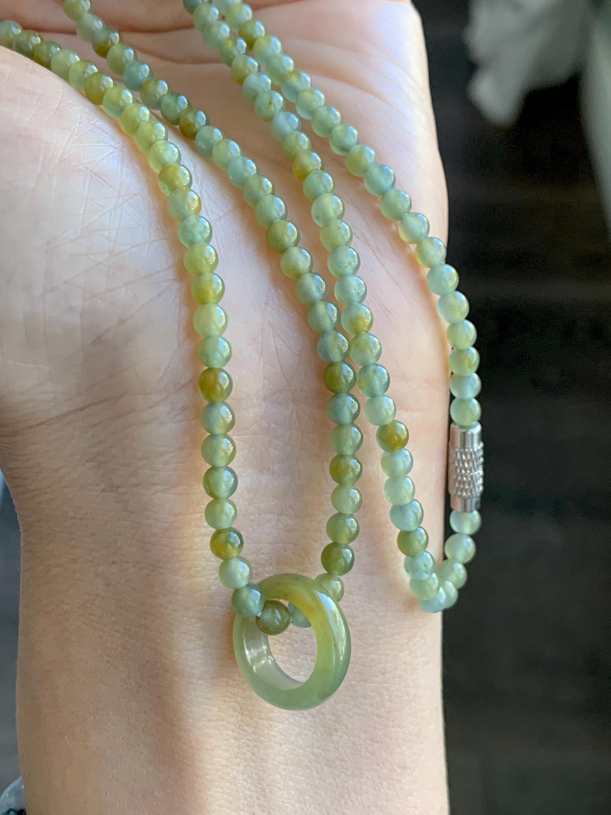 Grade A Natural Guatemalan Icy Pastel Blue Yellow Marbled Jade Jadeite Petite Beaded Necklace & Ring Pendant 3.8mm 24” 天然冰危黄翡翠圆珠跑环项链 WHL327