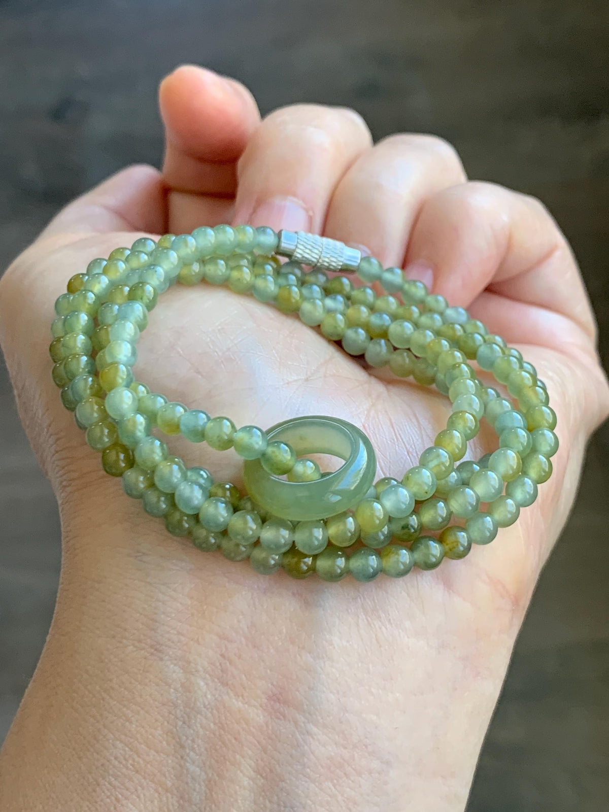 Grade A Natural Guatemalan Icy Pastel Blue Yellow Marbled Jade Jadeite Petite Beaded Necklace & Ring Pendant 3.8mm 24” 天然冰危黄翡翠圆珠跑环项链 WHL327