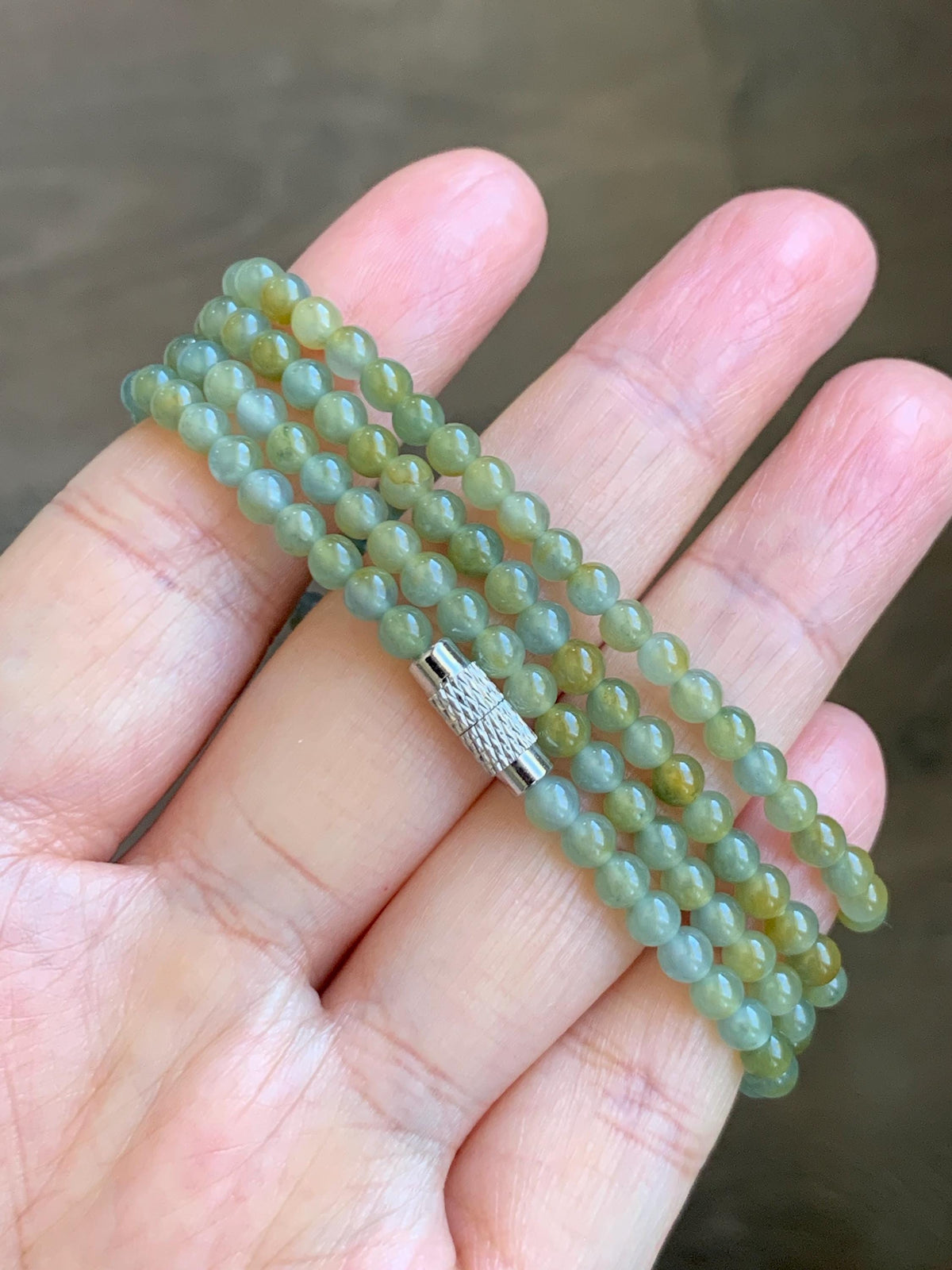 Grade A Natural Guatemalan Icy Pastel Blue Yellow Marbled Jade Jadeite Petite Beaded Necklace & Ring Pendant 3.8mm 24” 天然冰危黄翡翠圆珠跑环项链 WHL327
