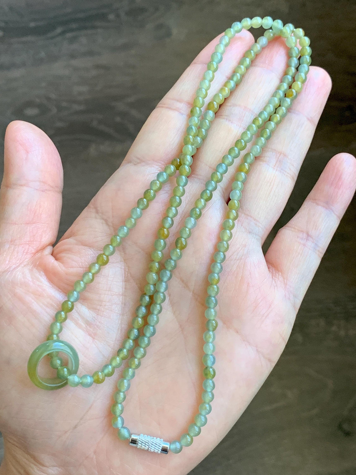 Grade A Natural Guatemalan Icy Pastel Blue Yellow Marbled Jade Jadeite Petite Beaded Necklace & Ring Pendant 3.8mm 24” 天然冰危黄翡翠圆珠跑环项链 WHL327