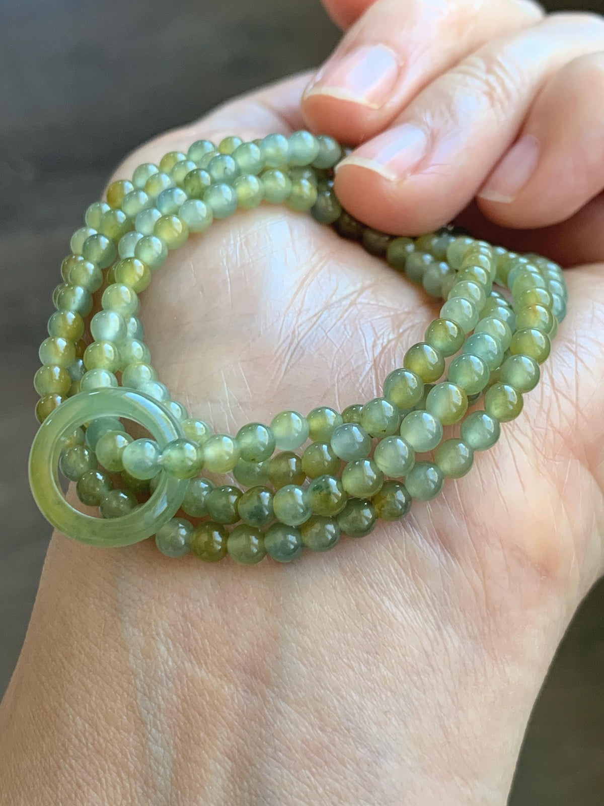 Grade A Natural Guatemalan Icy Pastel Blue Yellow Marbled Jade Jadeite Petite Beaded Necklace & Ring Pendant 3.8mm 24” 天然冰危黄翡翠圆珠跑环项链 WHL327