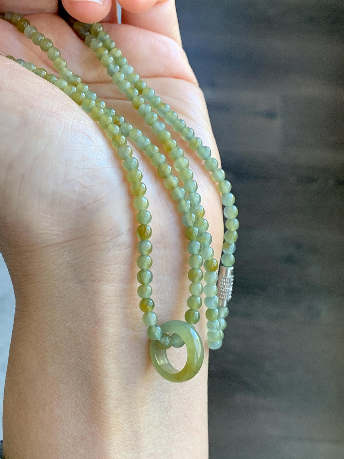 Grade A Natural Guatemalan Icy Pastel Blue Yellow Marbled Jade Jadeite Petite Beaded Necklace & Ring Pendant 3.8mm 24” 天然冰危黄翡翠圆珠跑环项链 WHL327