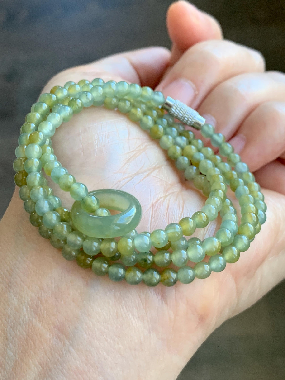 Grade A Natural Guatemalan Icy Pastel Blue Yellow Marbled Jade Jadeite Petite Beaded Necklace & Ring Pendant 3.8mm 24” 天然冰危黄翡翠圆珠跑环项链 WHL327