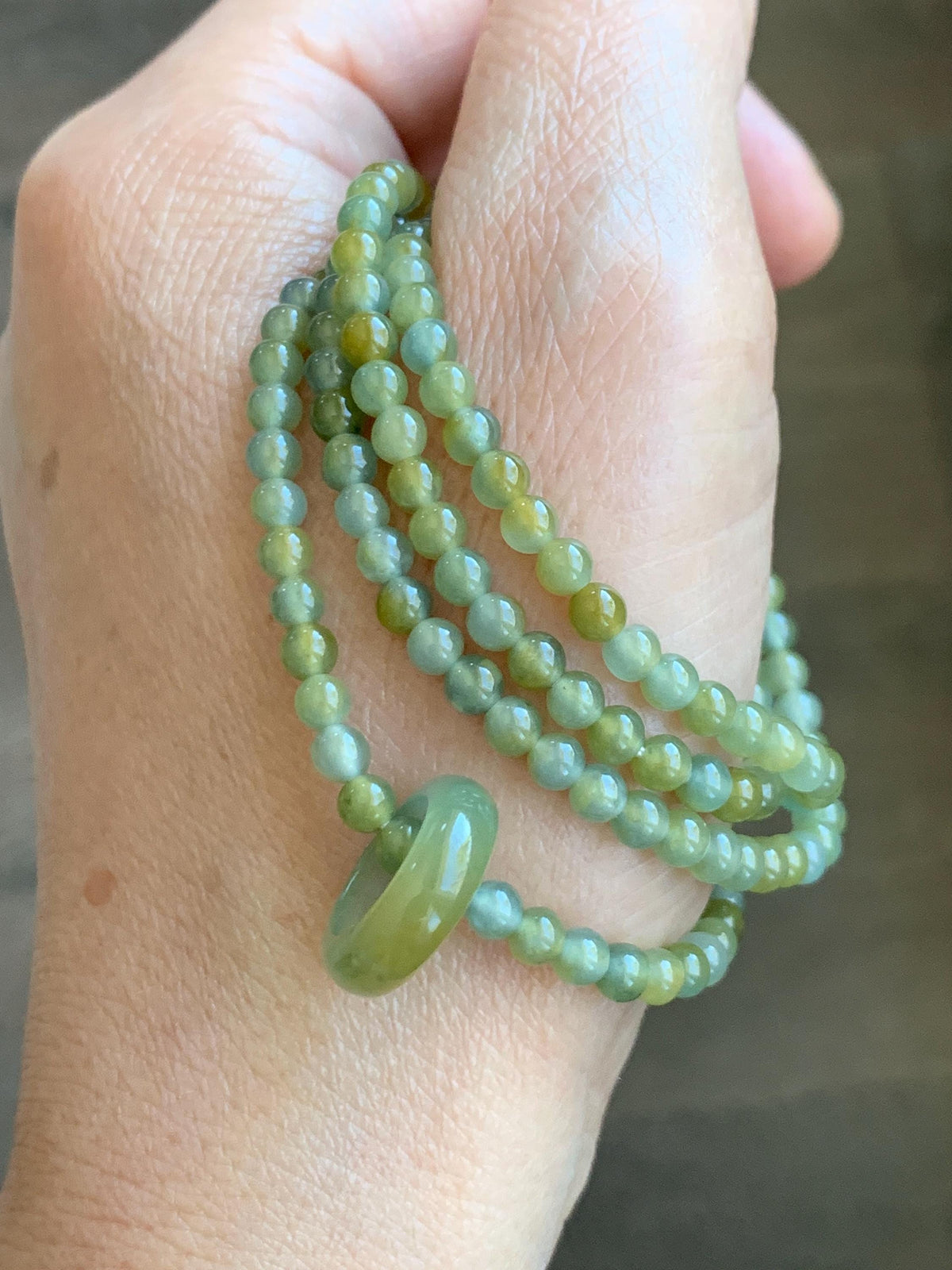 Grade A Natural Guatemalan Icy Pastel Blue Yellow Marbled Jade Jadeite Petite Beaded Necklace & Ring Pendant 3.8mm 24” 天然冰危黄翡翠圆珠跑环项链 WHL327