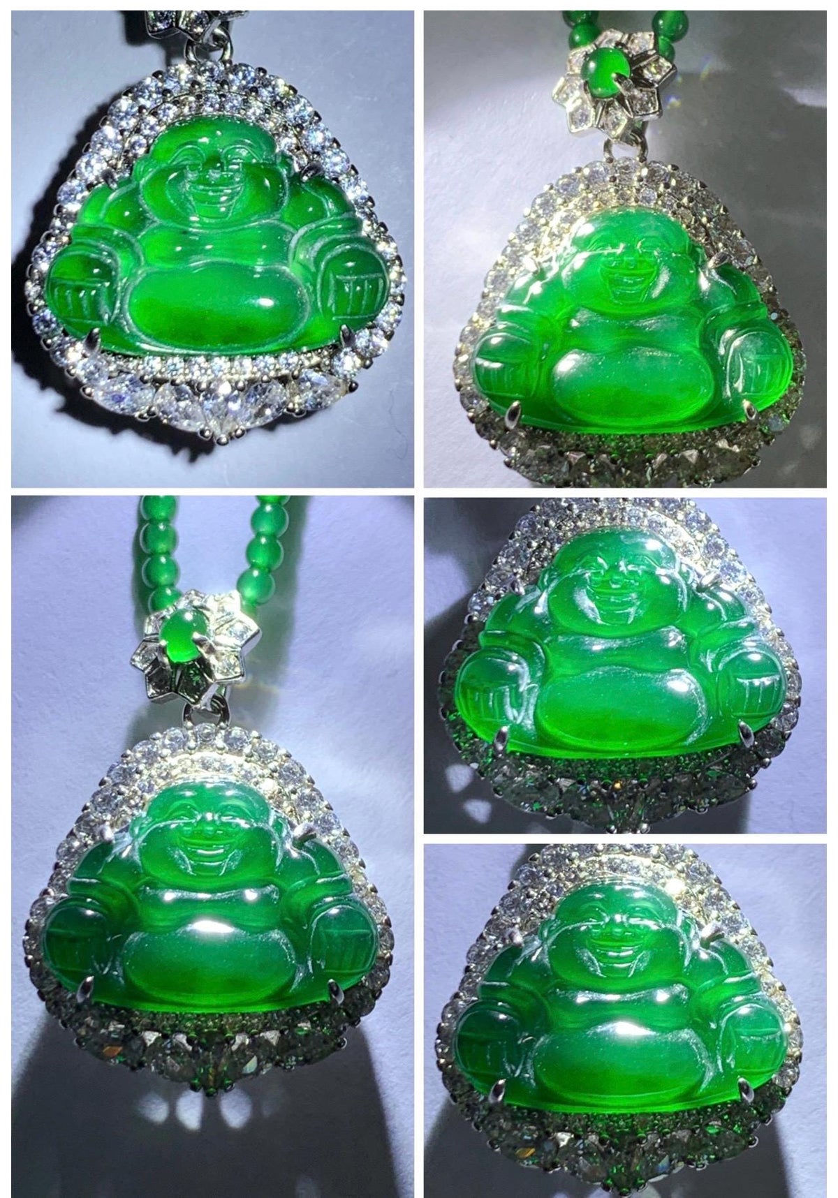 Certified Natural Grade A Guatemalan Icy Vibrant Green Jadeite Buddha Pendant Sterling Silver Beaded Necklace 19.5” 天然冰危绿翡翠佛公吊坠绿翡翠珠项链 914