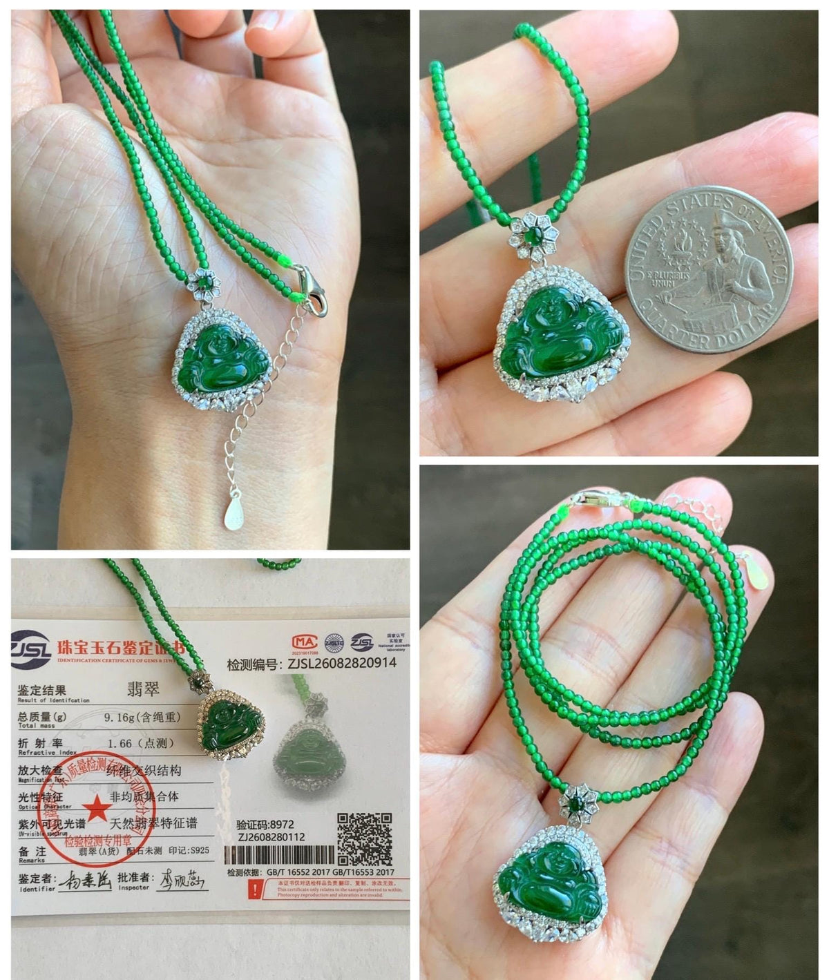 Certified Natural Grade A Guatemalan Icy Vibrant Green Jadeite Buddha Pendant Sterling Silver Beaded Necklace 19.5” 天然冰危绿翡翠佛公吊坠绿翡翠珠项链 914