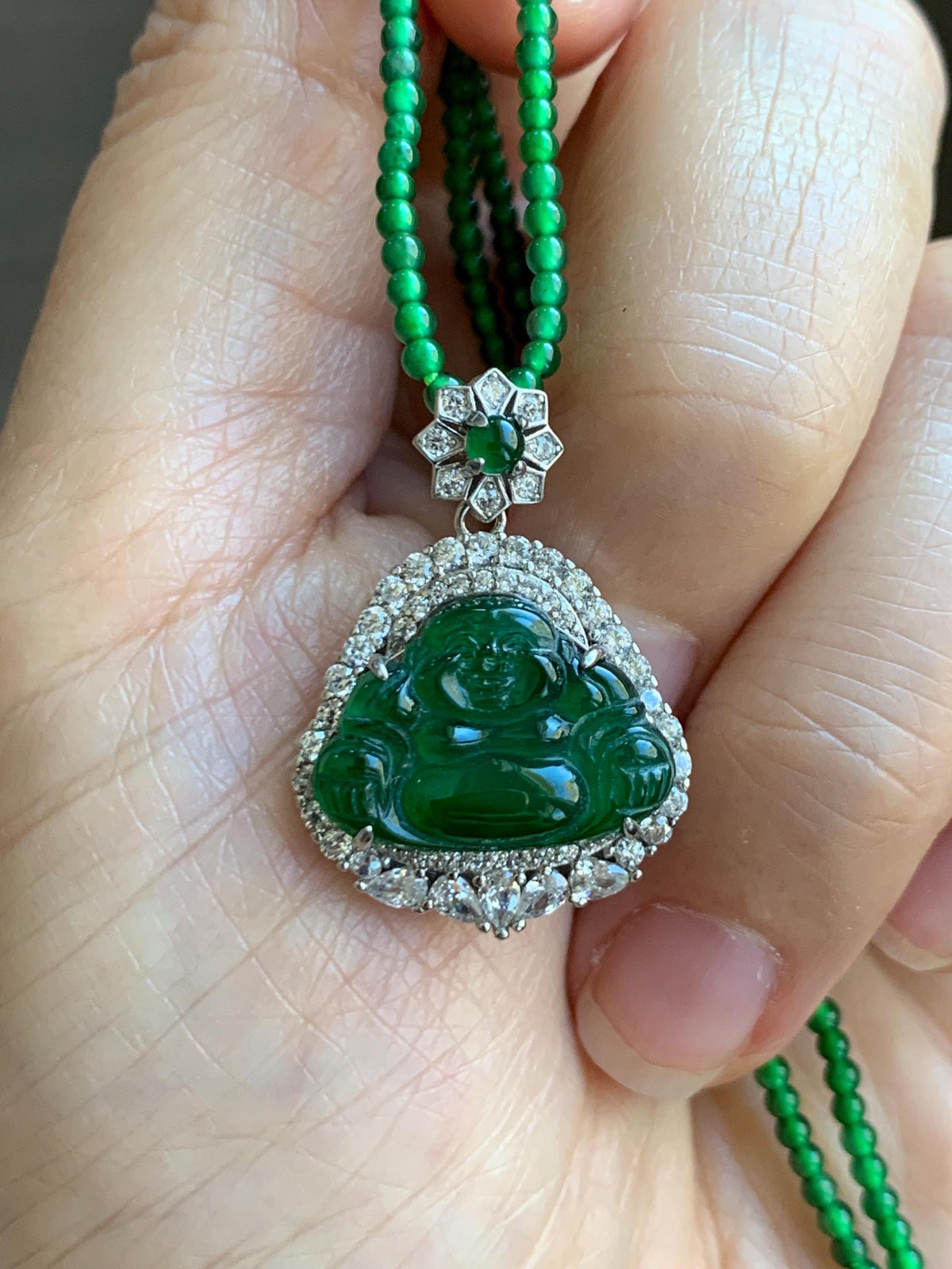 Certified Natural Grade A Guatemalan Icy Vibrant Green Jadeite Buddha Pendant Sterling Silver Beaded Necklace 19.5” 天然冰危绿翡翠佛公吊坠绿翡翠珠项链 914