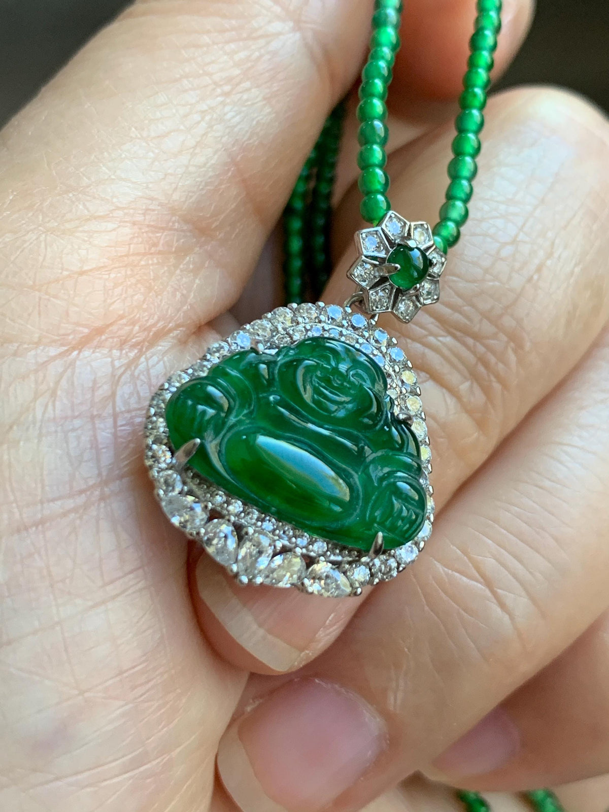 Certified Natural Grade A Guatemalan Icy Vibrant Green Jadeite Buddha Pendant Sterling Silver Beaded Necklace 19.5” 天然冰危绿翡翠佛公吊坠绿翡翠珠项链 914