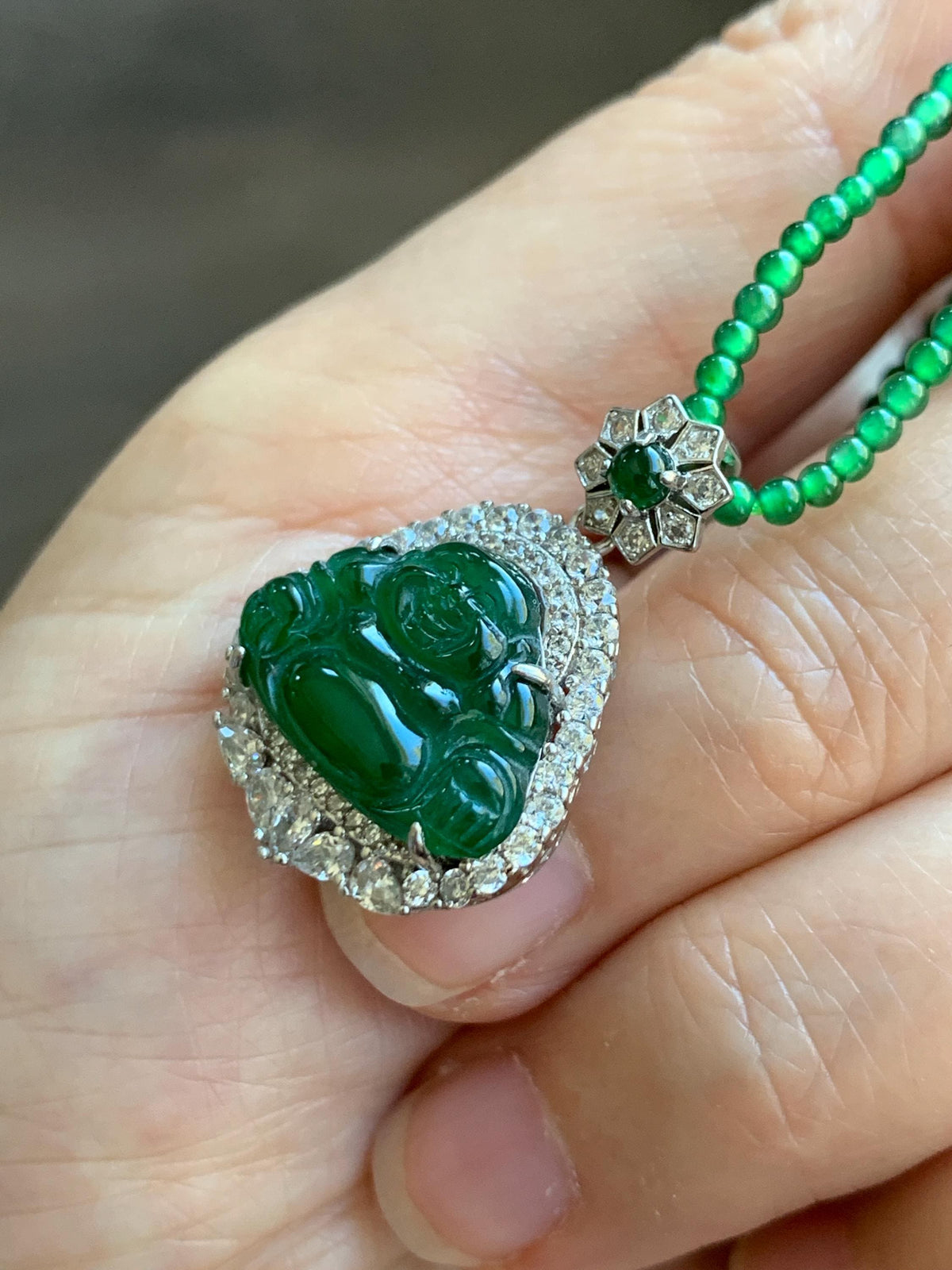 Certified Natural Grade A Guatemalan Icy Vibrant Green Jadeite Buddha Pendant Sterling Silver Beaded Necklace 19.5” 天然冰危绿翡翠佛公吊坠绿翡翠珠项链 914