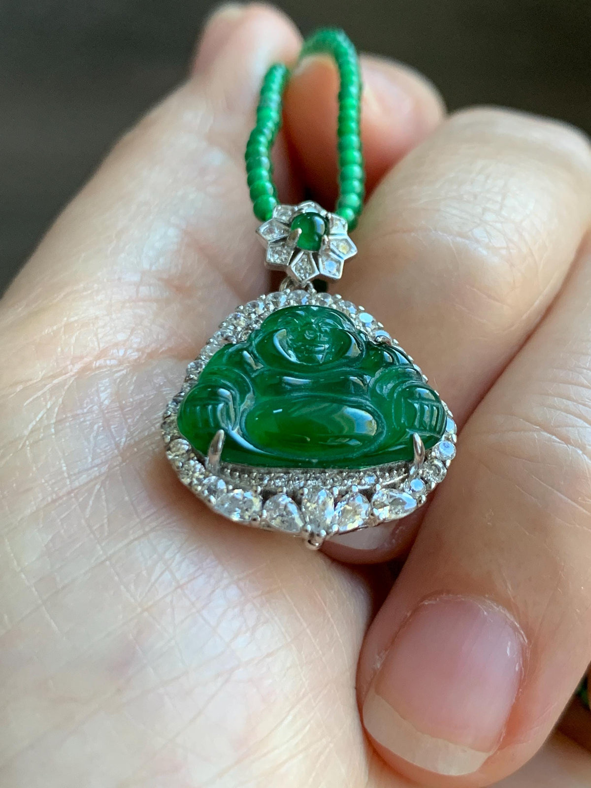 Certified Natural Grade A Guatemalan Icy Vibrant Green Jadeite Buddha Pendant Sterling Silver Beaded Necklace 19.5” 天然冰危绿翡翠佛公吊坠绿翡翠珠项链 914