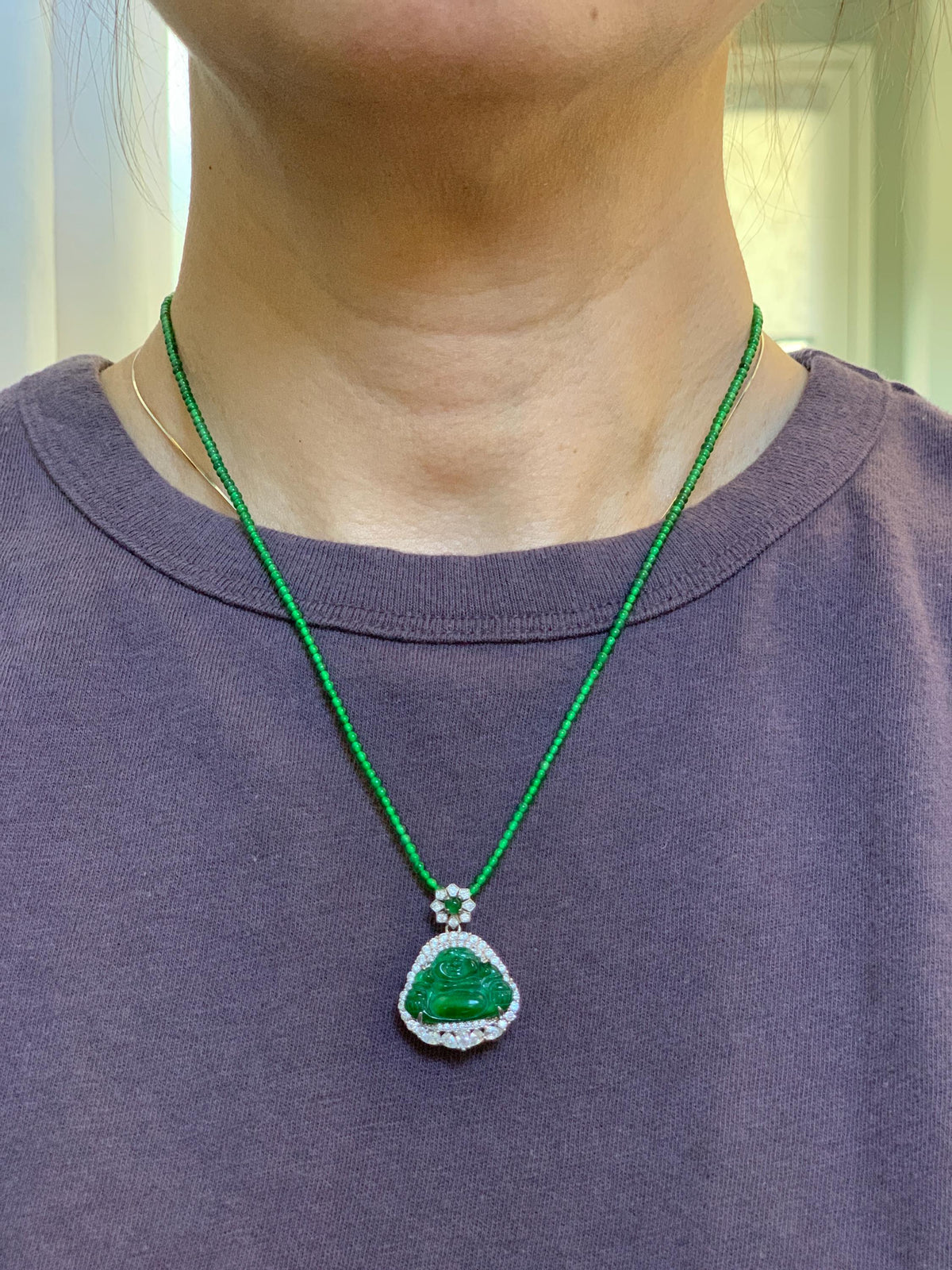 Certified Natural Grade A Guatemalan Icy Vibrant Green Jadeite Buddha Pendant Sterling Silver Beaded Necklace 19.5” 天然冰危绿翡翠佛公吊坠绿翡翠珠项链 914