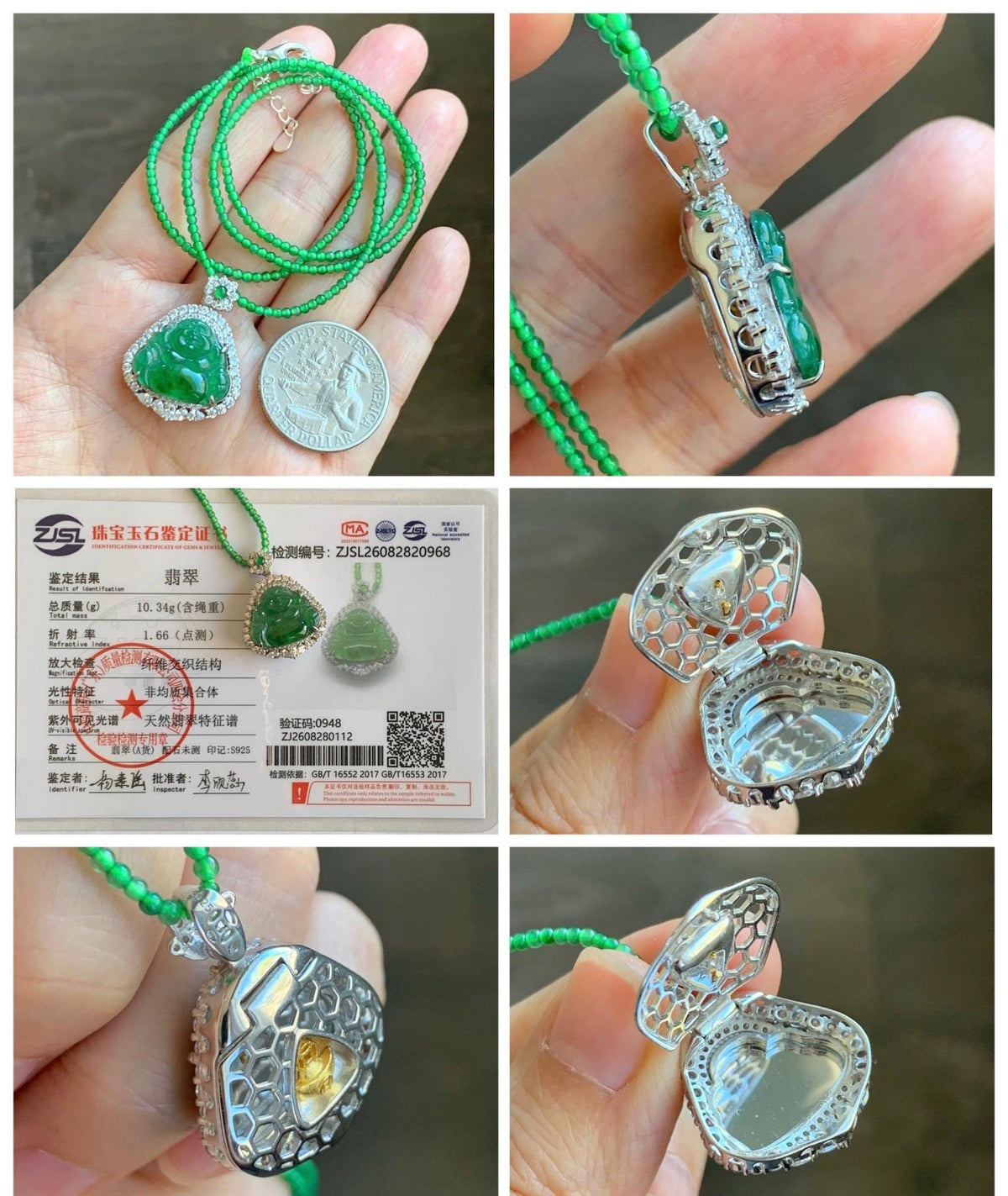 Certified Natural Grade A Guatemalan Icy Vibrant Green Jadeite Buddha Pendant Sterling Silver Beaded Necklace 20” 10g 天然冰危绿翡翠佛公吊坠绿翡翠珠项链 968