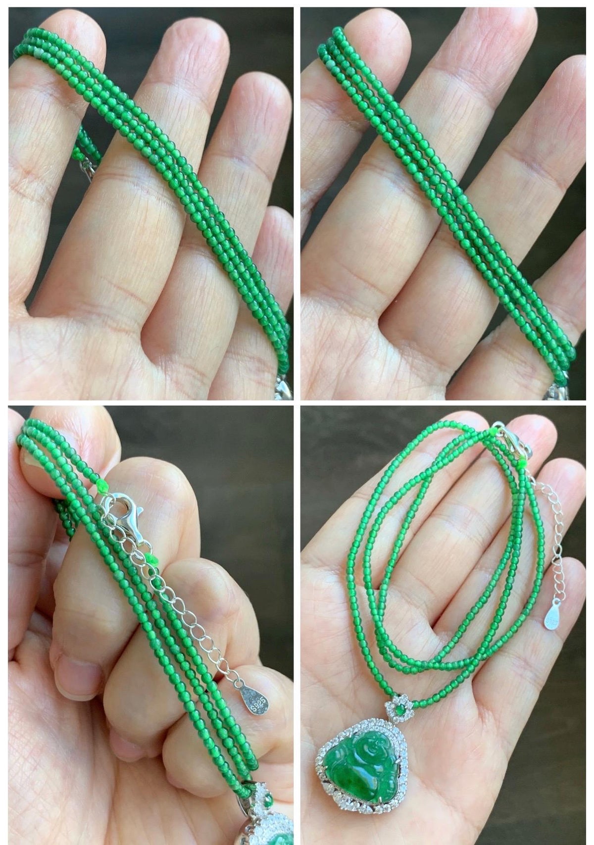 Certified Natural Grade A Guatemalan Icy Vibrant Green Jadeite Buddha Pendant Sterling Silver Beaded Necklace 20” 10g 天然冰危绿翡翠佛公吊坠绿翡翠珠项链 968