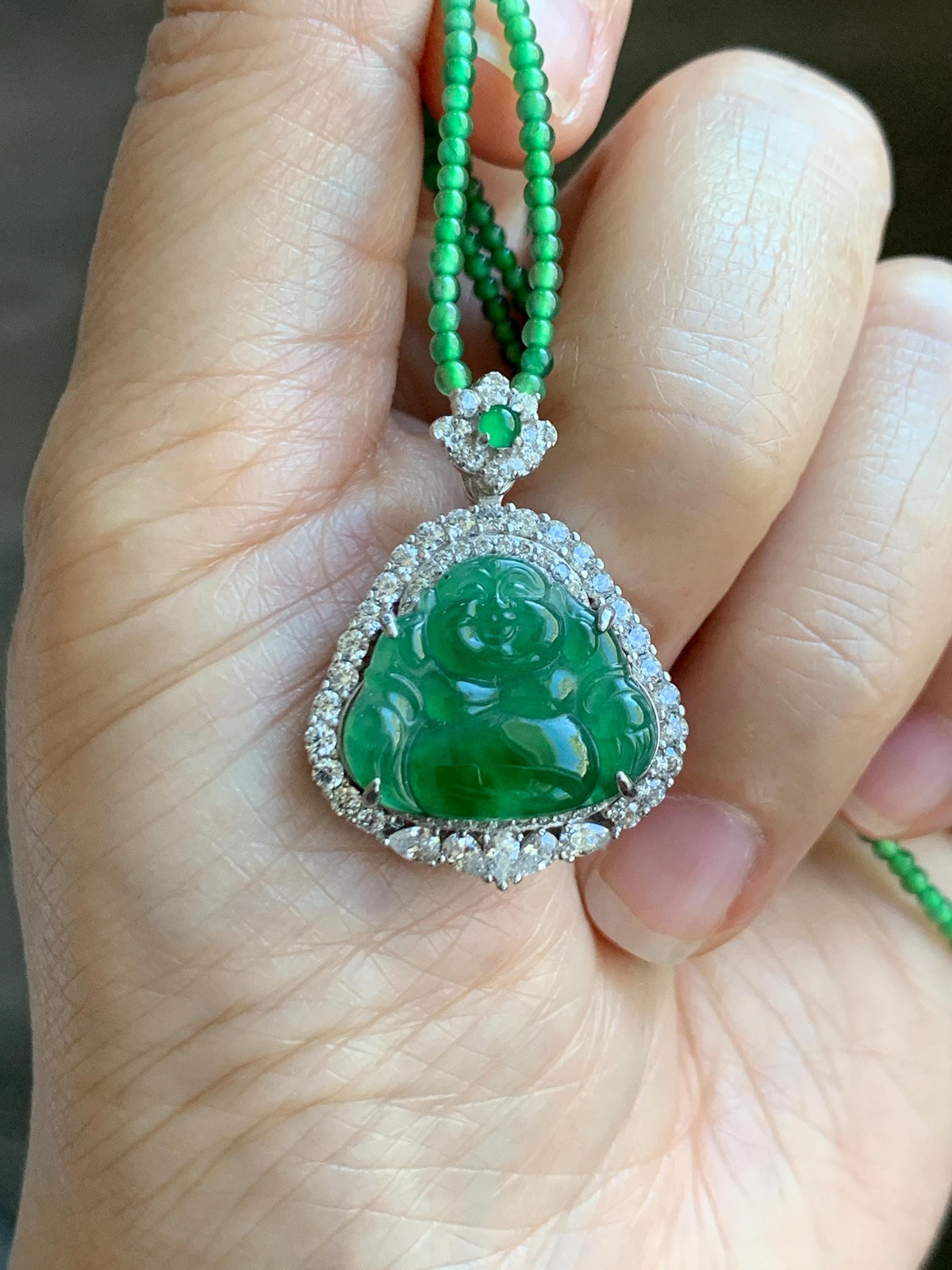 Certified Natural Grade A Guatemalan Icy Vibrant Green Jadeite Buddha Pendant Sterling Silver Beaded Necklace 20” 10g 天然冰危绿翡翠佛公吊坠绿翡翠珠项链 968