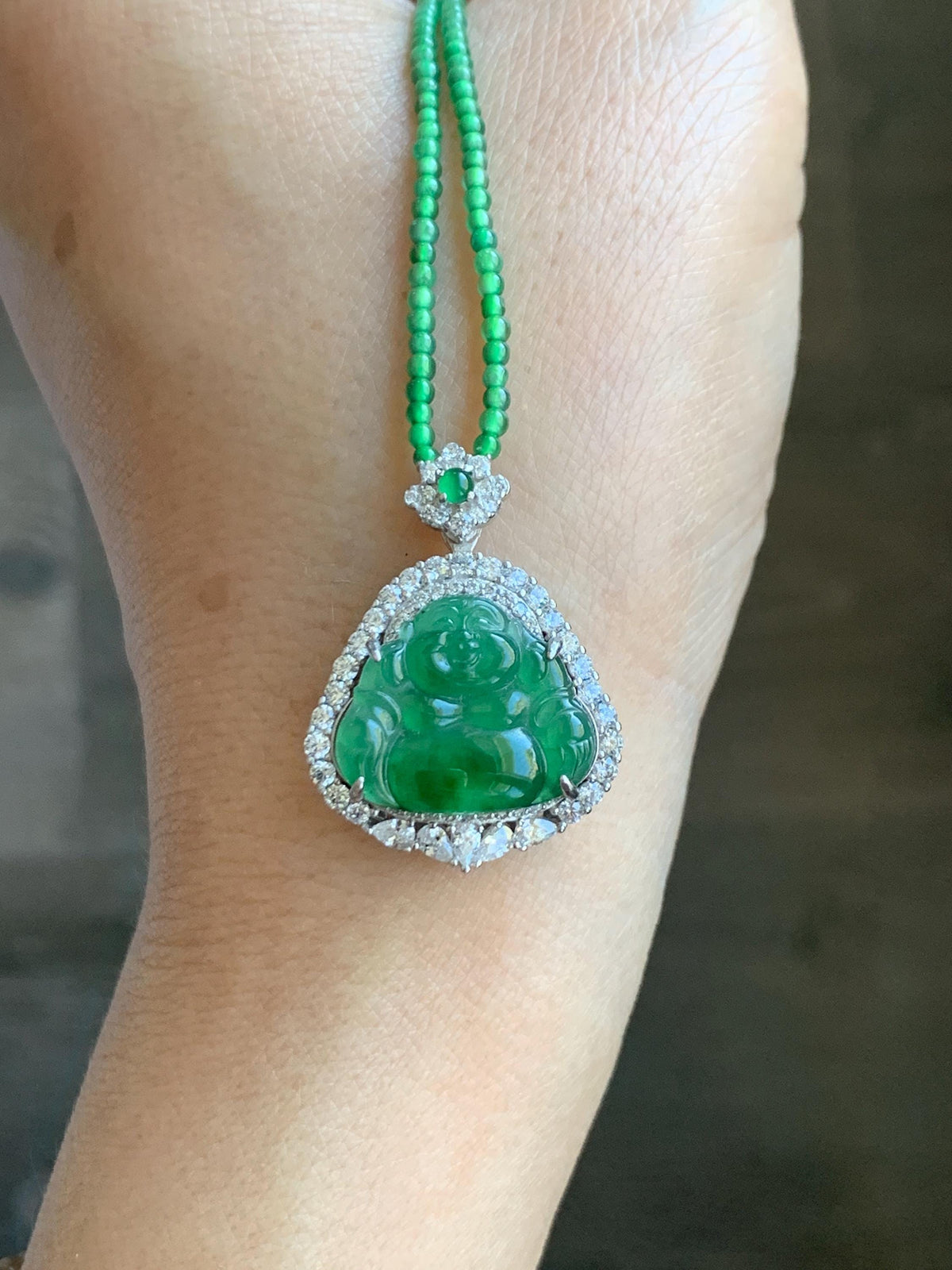Certified Natural Grade A Guatemalan Icy Vibrant Green Jadeite Buddha Pendant Sterling Silver Beaded Necklace 20” 10g 天然冰危绿翡翠佛公吊坠绿翡翠珠项链 968
