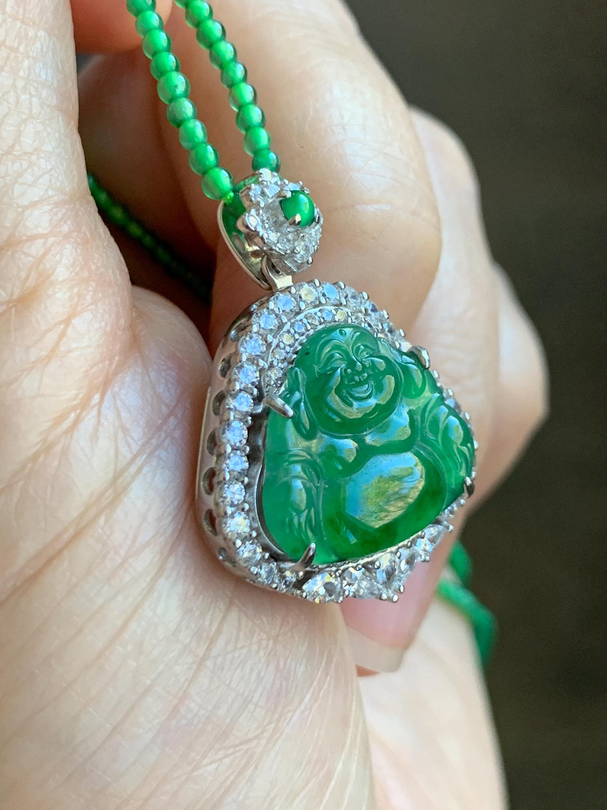 Certified Natural Grade A Guatemalan Icy Vibrant Green Jadeite Buddha Pendant Sterling Silver Beaded Necklace 20” 10g 天然冰危绿翡翠佛公吊坠绿翡翠珠项链 968