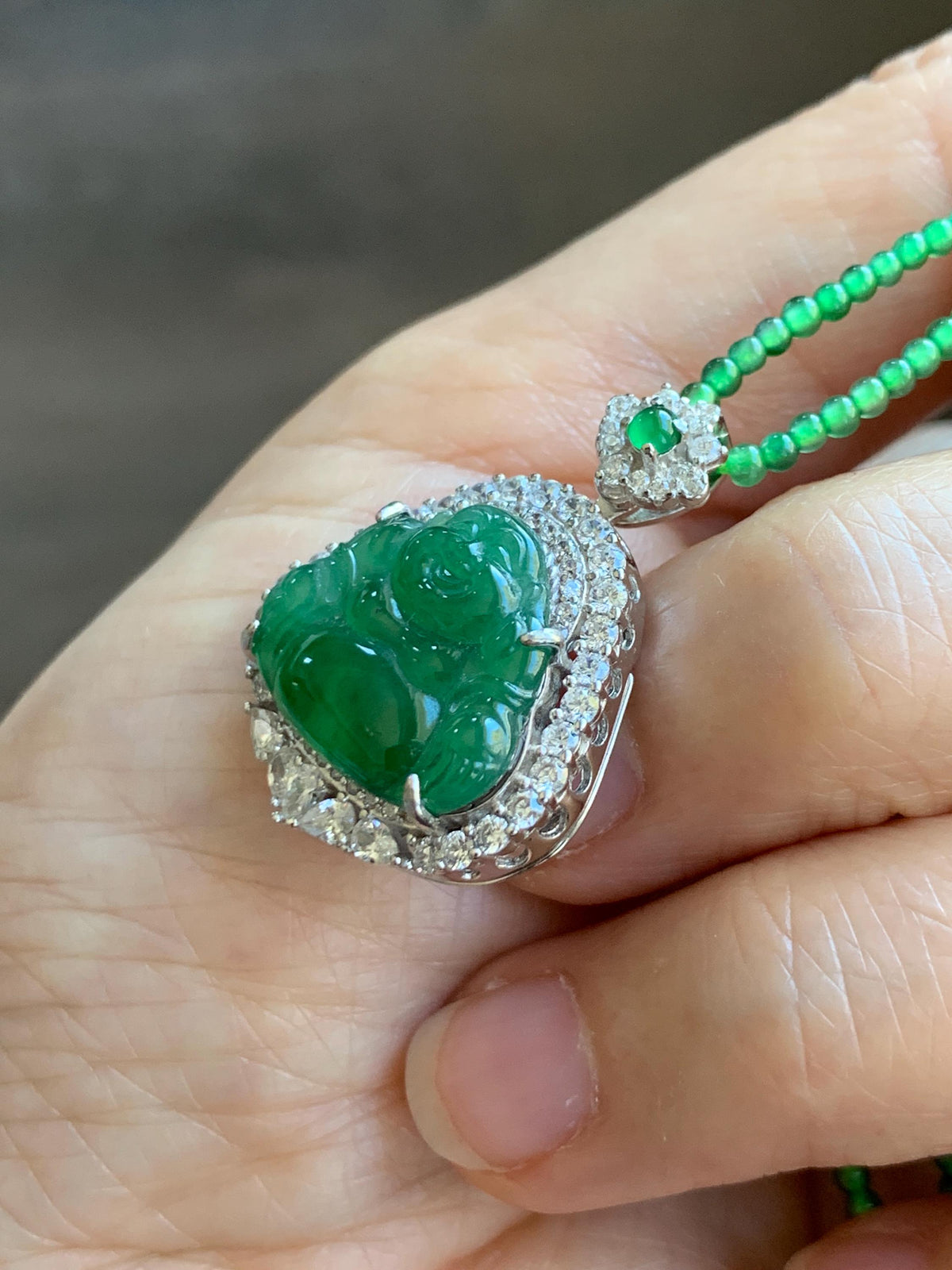 Certified Natural Grade A Guatemalan Icy Vibrant Green Jadeite Buddha Pendant Sterling Silver Beaded Necklace 20” 10g 天然冰危绿翡翠佛公吊坠绿翡翠珠项链 968