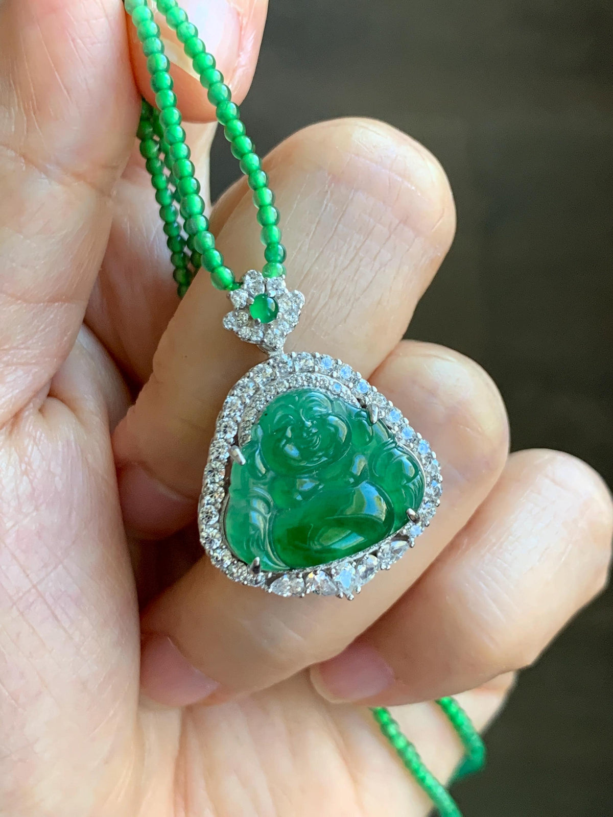 Certified Natural Grade A Guatemalan Icy Vibrant Green Jadeite Buddha Pendant Sterling Silver Beaded Necklace 20” 10g 天然冰危绿翡翠佛公吊坠绿翡翠珠项链 968