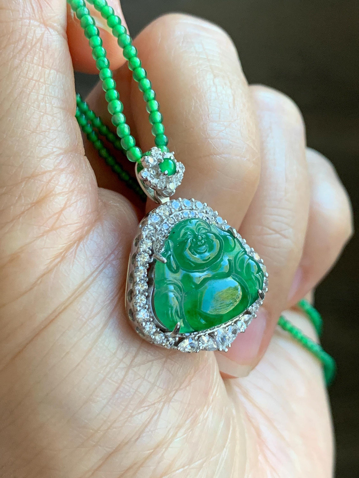 Certified Natural Grade A Guatemalan Icy Vibrant Green Jadeite Buddha Pendant Sterling Silver Beaded Necklace 20” 10g 天然冰危绿翡翠佛公吊坠绿翡翠珠项链 968