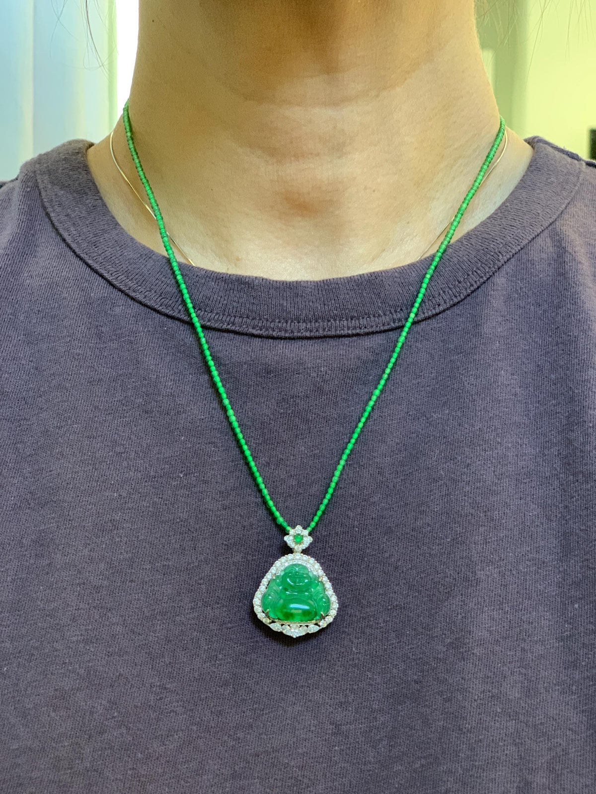 Certified Natural Grade A Guatemalan Icy Vibrant Green Jadeite Buddha Pendant Sterling Silver Beaded Necklace 20” 10g 天然冰危绿翡翠佛公吊坠绿翡翠珠项链 968