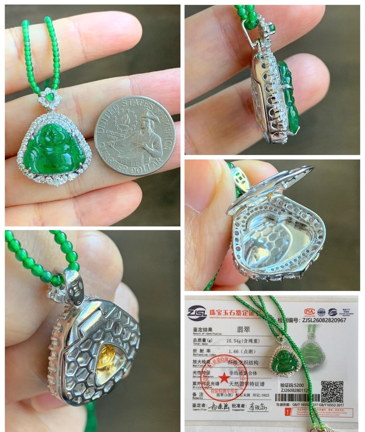 Certified Natural Grade A Guatemalan Icy Vibrant Green Jadeite Buddha Pendant Sterling Silver Beaded Necklace 20” 11g 天然冰危绿翡翠佛公吊坠绿翡翠珠项链 967