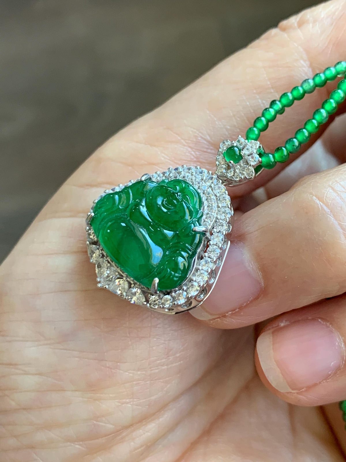 Certified Natural Grade A Guatemalan Icy Vibrant Green Jadeite Buddha Pendant Sterling Silver Beaded Necklace 20” 11g 天然冰危绿翡翠佛公吊坠绿翡翠珠项链 967