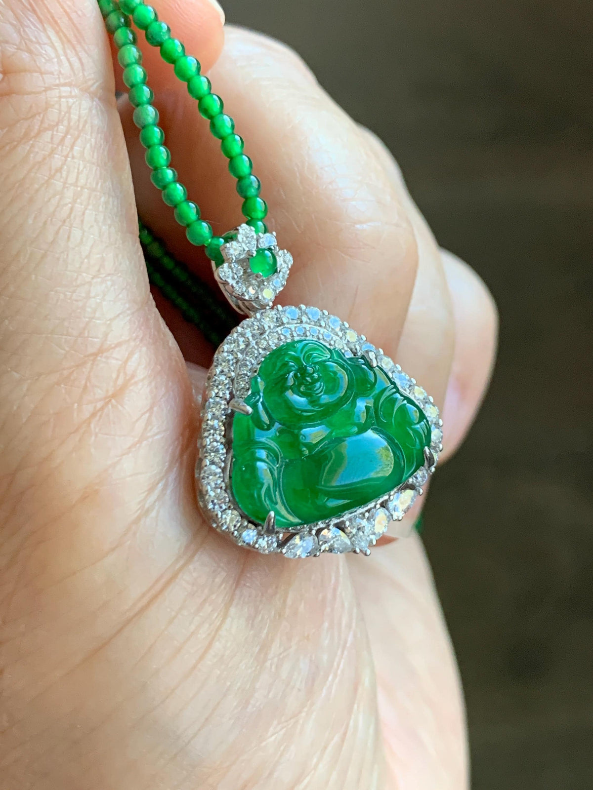 Certified Natural Grade A Guatemalan Icy Vibrant Green Jadeite Buddha Pendant Sterling Silver Beaded Necklace 20” 11g 天然冰危绿翡翠佛公吊坠绿翡翠珠项链 967