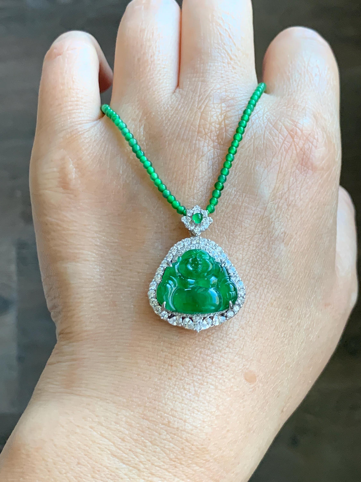 Certified Natural Grade A Guatemalan Icy Vibrant Green Jadeite Buddha Pendant Sterling Silver Beaded Necklace 20” 11g 天然冰危绿翡翠佛公吊坠绿翡翠珠项链 967