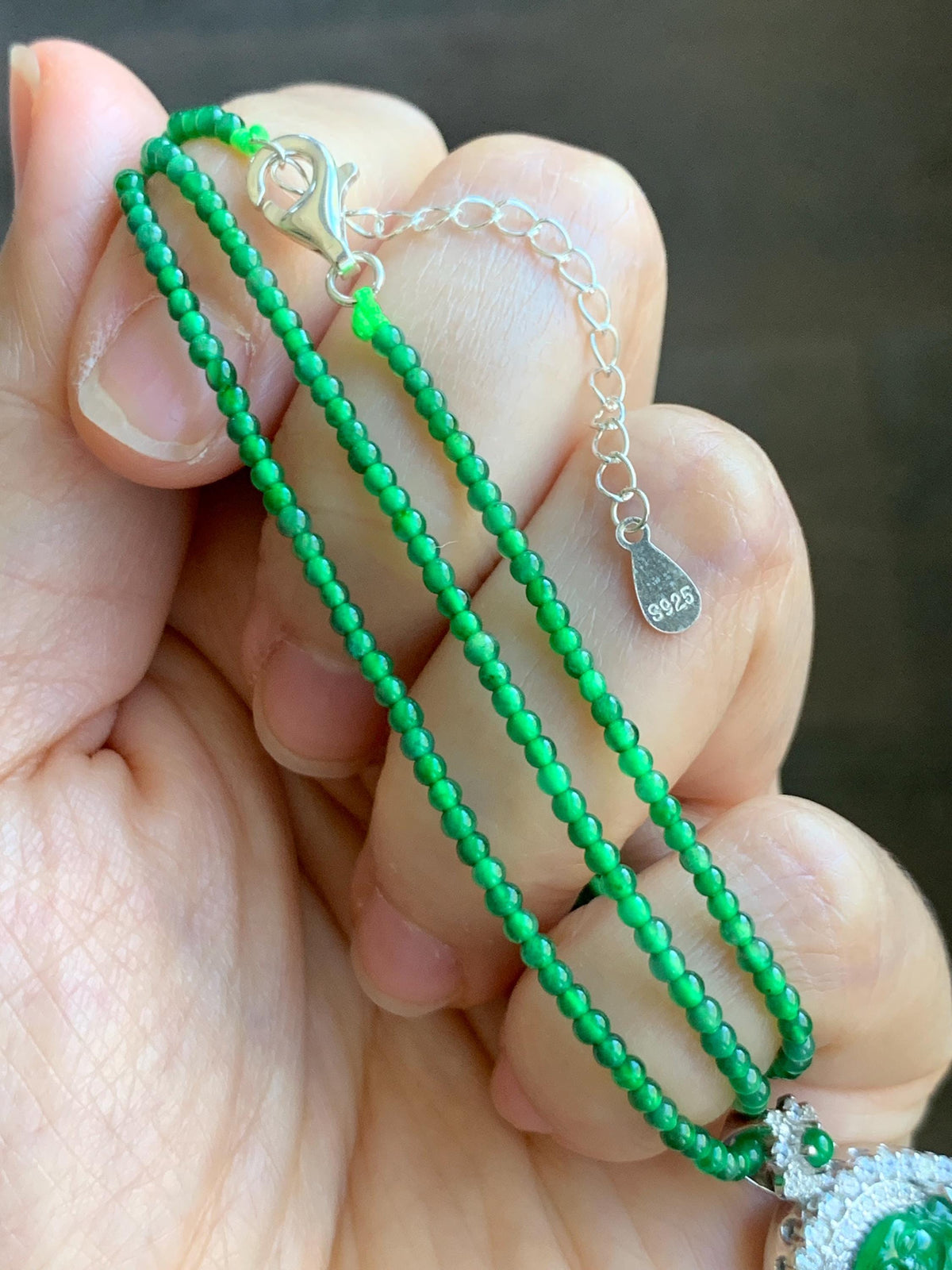Certified Natural Grade A Guatemalan Icy Vibrant Green Jadeite Buddha Pendant Sterling Silver Beaded Necklace 20” 11g 天然冰危绿翡翠佛公吊坠绿翡翠珠项链 967