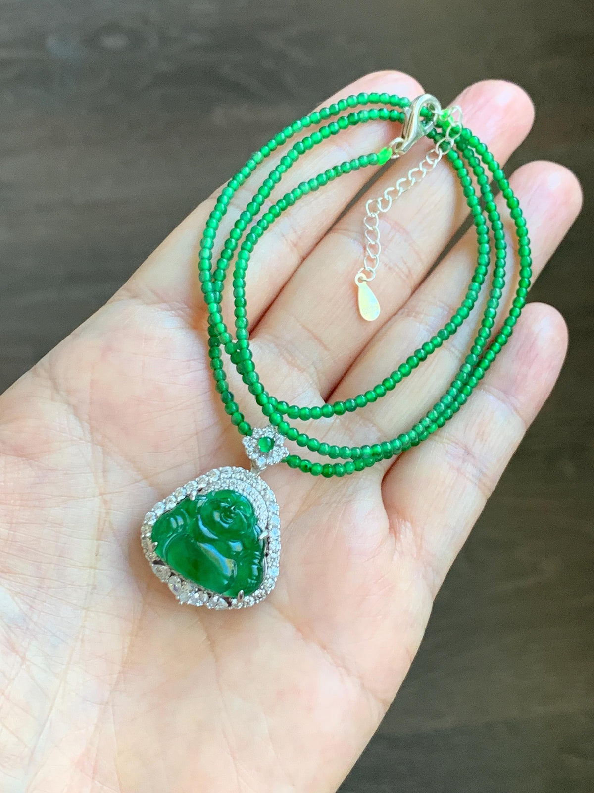 Certified Natural Grade A Guatemalan Icy Vibrant Green Jadeite Buddha Pendant Sterling Silver Beaded Necklace 20” 11g 天然冰危绿翡翠佛公吊坠绿翡翠珠项链 967