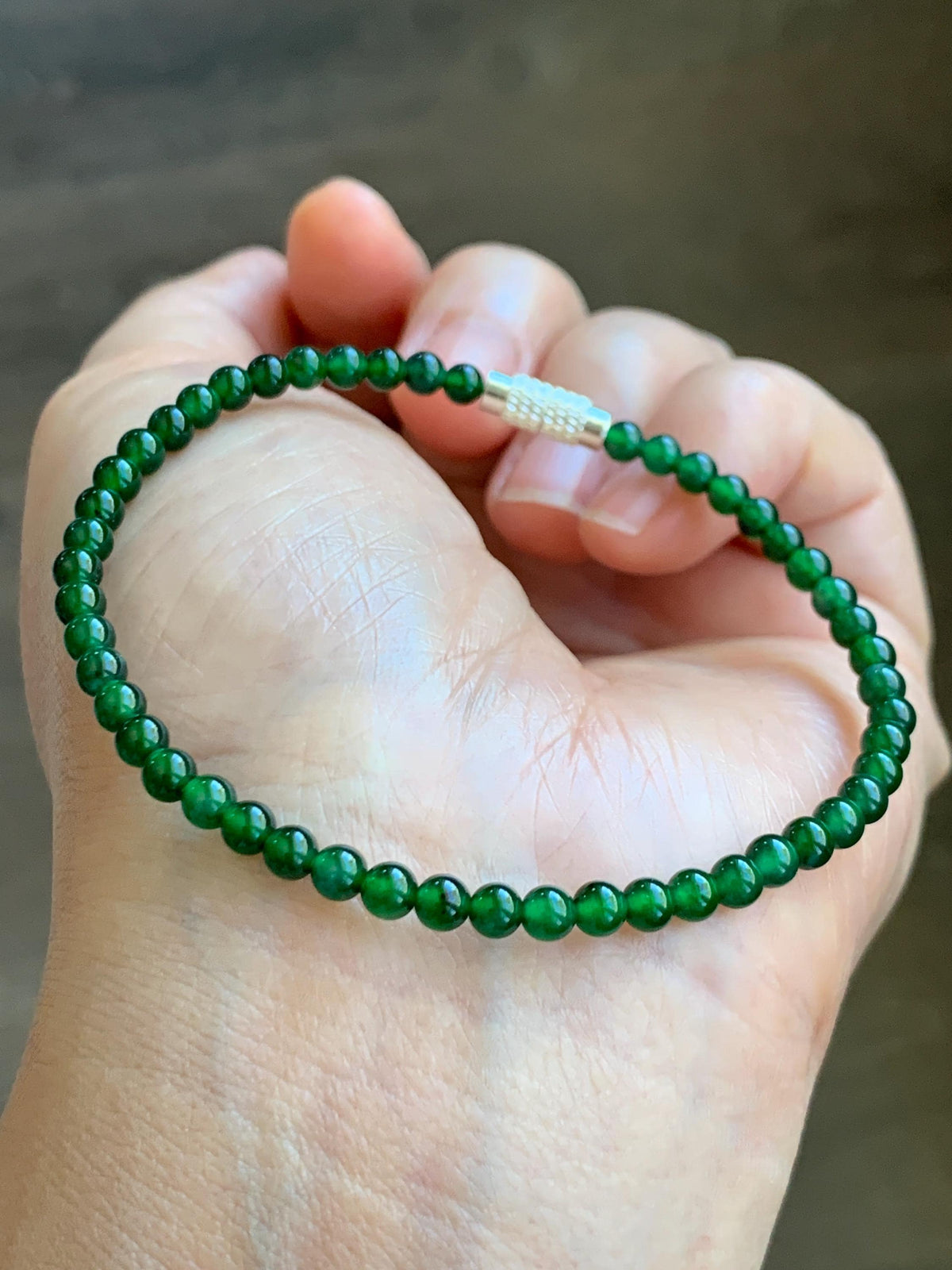 Natural Grade A Guatemalan Icy Translucent Rich Green Jade Jadeite Petite Beads Beaded Bracelet 7.25” 3.8mm 5g 天然冰危浓绿翡翠小卡圆珠手串 WLX380A