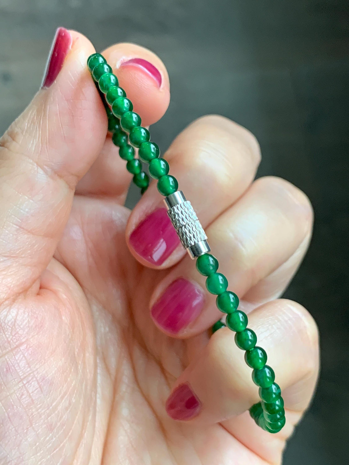 Natural Grade A Guatemalan Icy Translucent Vibrant Green Jade Jadeite Petite Beads Beaded Bracelet 7.5” 3.7mm 5g 天然冰危绿翡翠小卡圆珠手串 WLQ380C