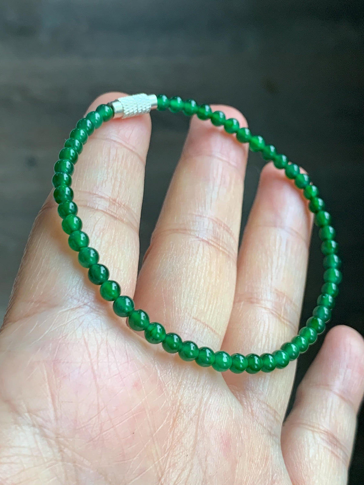 Natural Grade A Guatemalan Icy Translucent Vibrant Green Jade Jadeite Petite Beads Beaded Bracelet 7.5” 3.7mm 5g 天然冰危绿翡翠小卡圆珠手串 WLQ380C