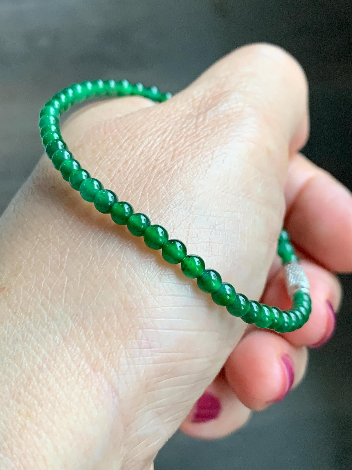 Natural Grade A Guatemalan Icy Translucent Vibrant Green Jade Jadeite Petite Beads Beaded Bracelet 7.5” 3.7mm 5g 天然冰危绿翡翠小卡圆珠手串 WLQ380C