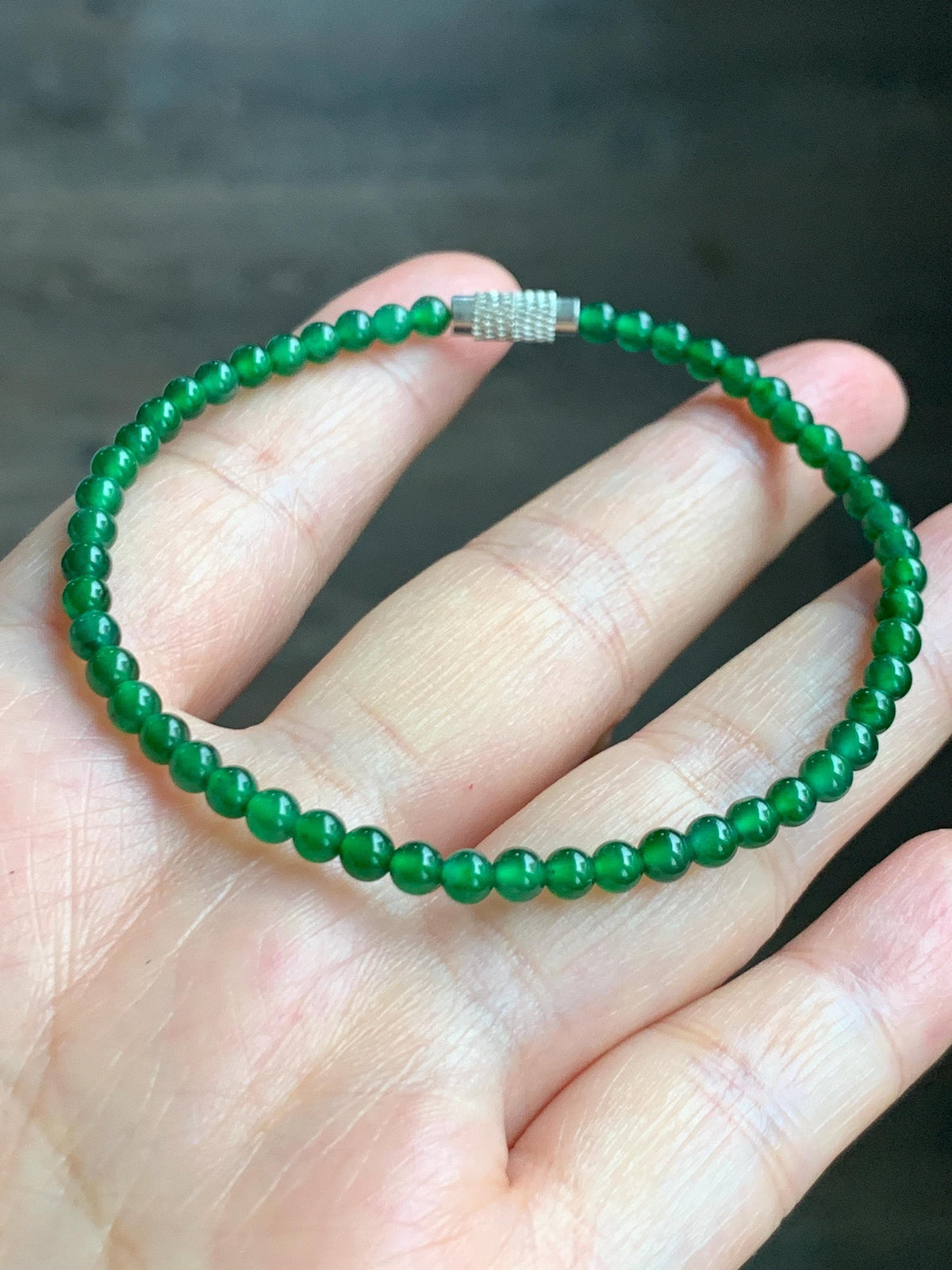 Natural Grade A Guatemalan Icy Translucent Vibrant Green Jade Jadeite Petite Beads Beaded Bracelet 7.5” 3.7mm 5g 天然冰危绿翡翠小卡圆珠手串 WLQ380C