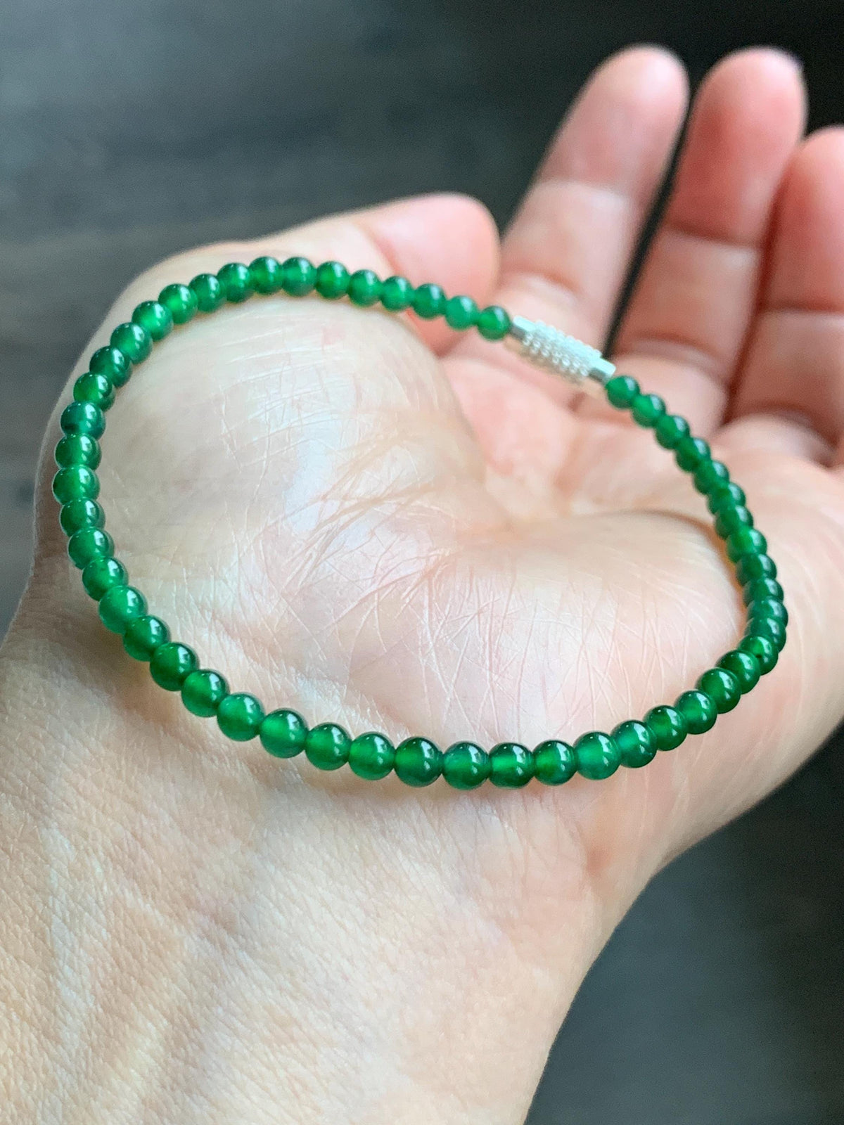 Natural Grade A Guatemalan Icy Translucent Vibrant Green Jade Jadeite Petite Beads Beaded Bracelet 7.5” 3.7mm 5g 天然冰危绿翡翠小卡圆珠手串 WLQ380C