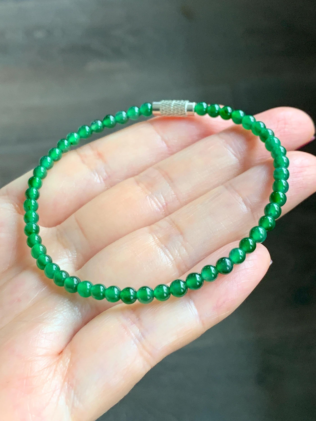 Natural Grade A Guatemalan Icy Translucent Vibrant Green Jade Jadeite Petite Beads Beaded Bracelet 7.25” 3.7mm 4g 天然冰危绿翡翠小卡圆珠手串 WLQ380B