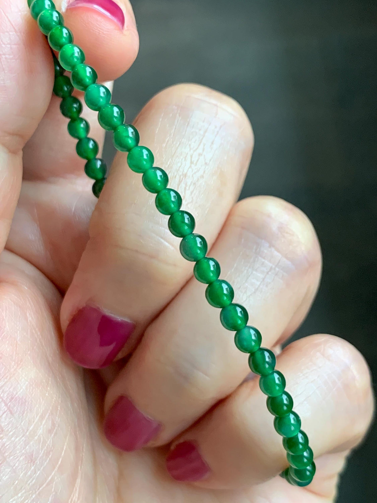 Natural Grade A Guatemalan Icy Translucent Vibrant Green Jade Jadeite Petite Beads Beaded Bracelet 7.25” 3.7mm 4g 天然冰危绿翡翠小卡圆珠手串 WLQ380B